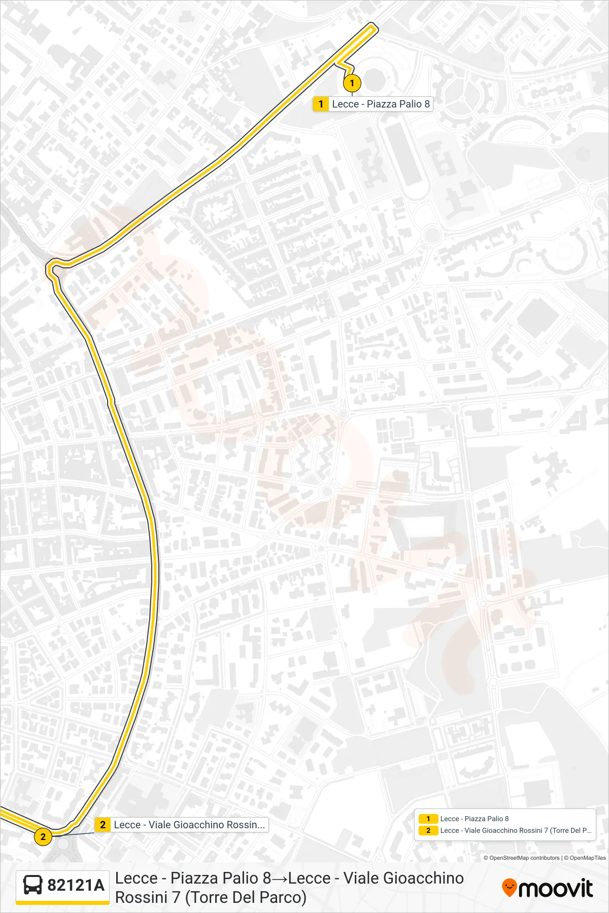 Linea 82121A bus (Lecce - Piazza Palio 8→Lecce - Viale Gioacchino Rossini 7 (Torre Del Parco)) - Percorsi e fermate sulla mappa