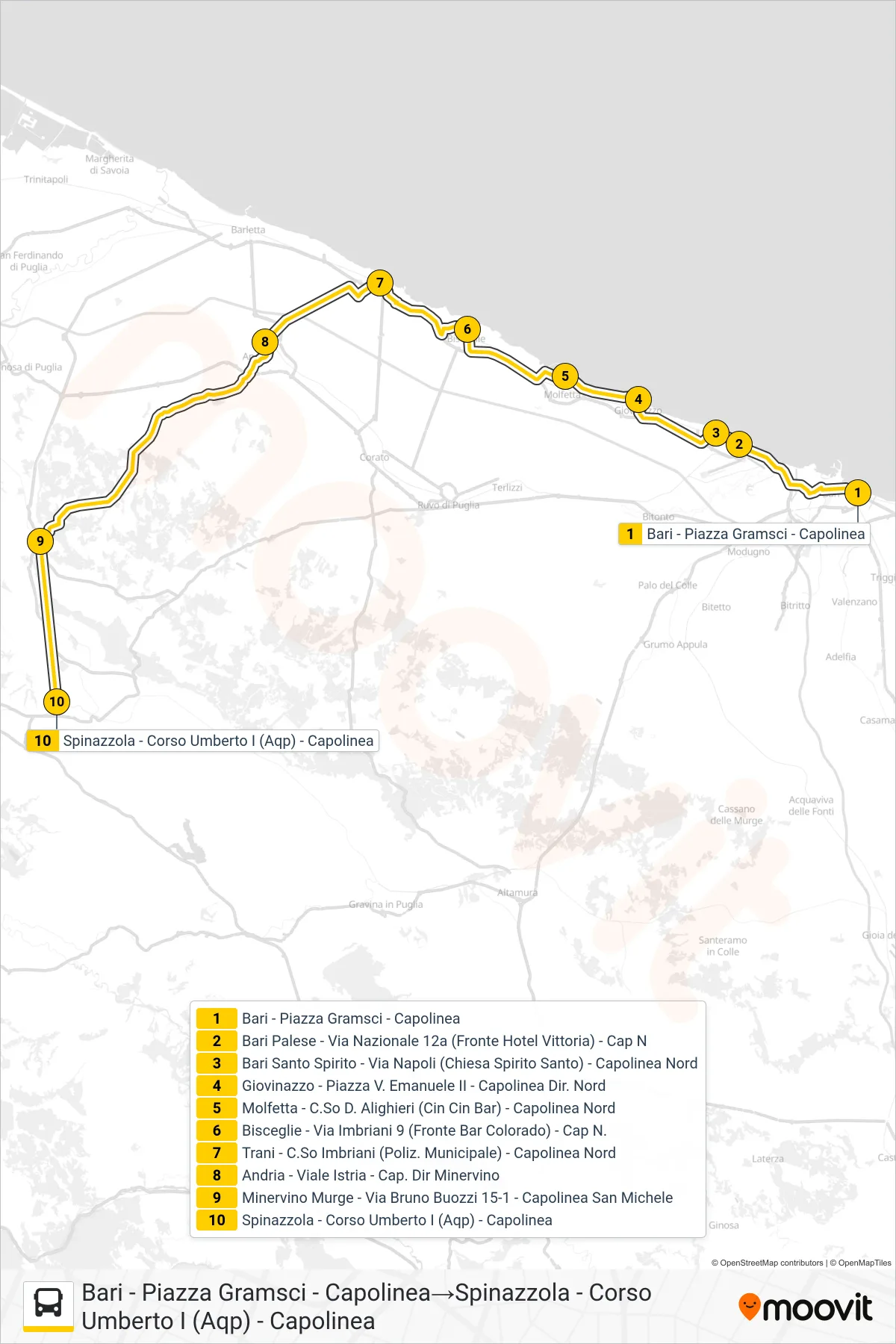 Linea 375.NSA02 bus (Bari - Piazza Gramsci - Capolinea→Spinazzola - Corso Umberto I (Aqp) - Capolinea) - Percorsi e fermate sulla mappa
