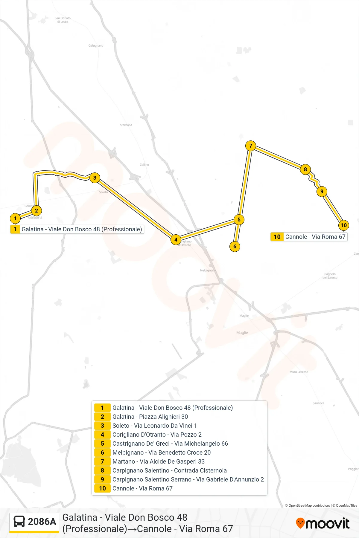 Linea 2086A bus (Galatina - Viale Don Bosco 48 (Professionale)→Cannole - Via Roma 67) - Percorsi e fermate sulla mappa