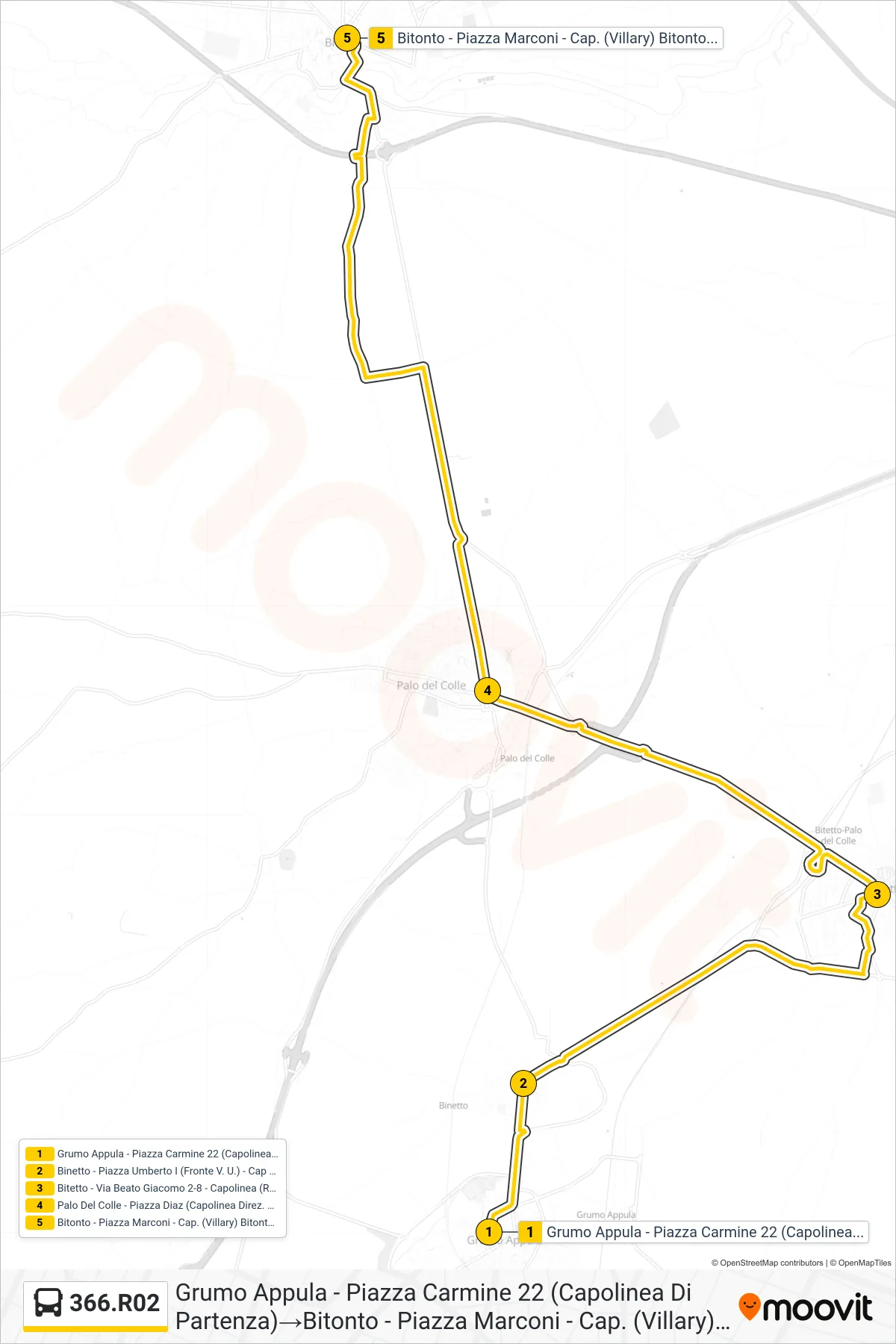 Linea 366.R02 bus (Grumo Appula - Piazza Carmine 22 (Capolinea Di Partenza)→Bitonto - Piazza Marconi - Cap. (Villary) Bitonto Molfetta) - Percorsi e fermate sulla mappa