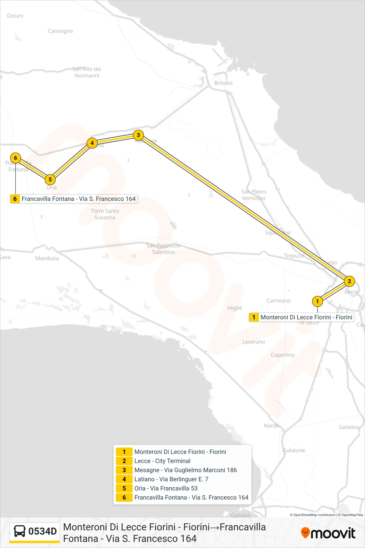 Linea 0534D  bus (Monteroni Di Lecce Fiorini - Fiorini‎→Francavilla Fontana - Via S. Francesco 164) - Percorsi e fermate sulla mappa