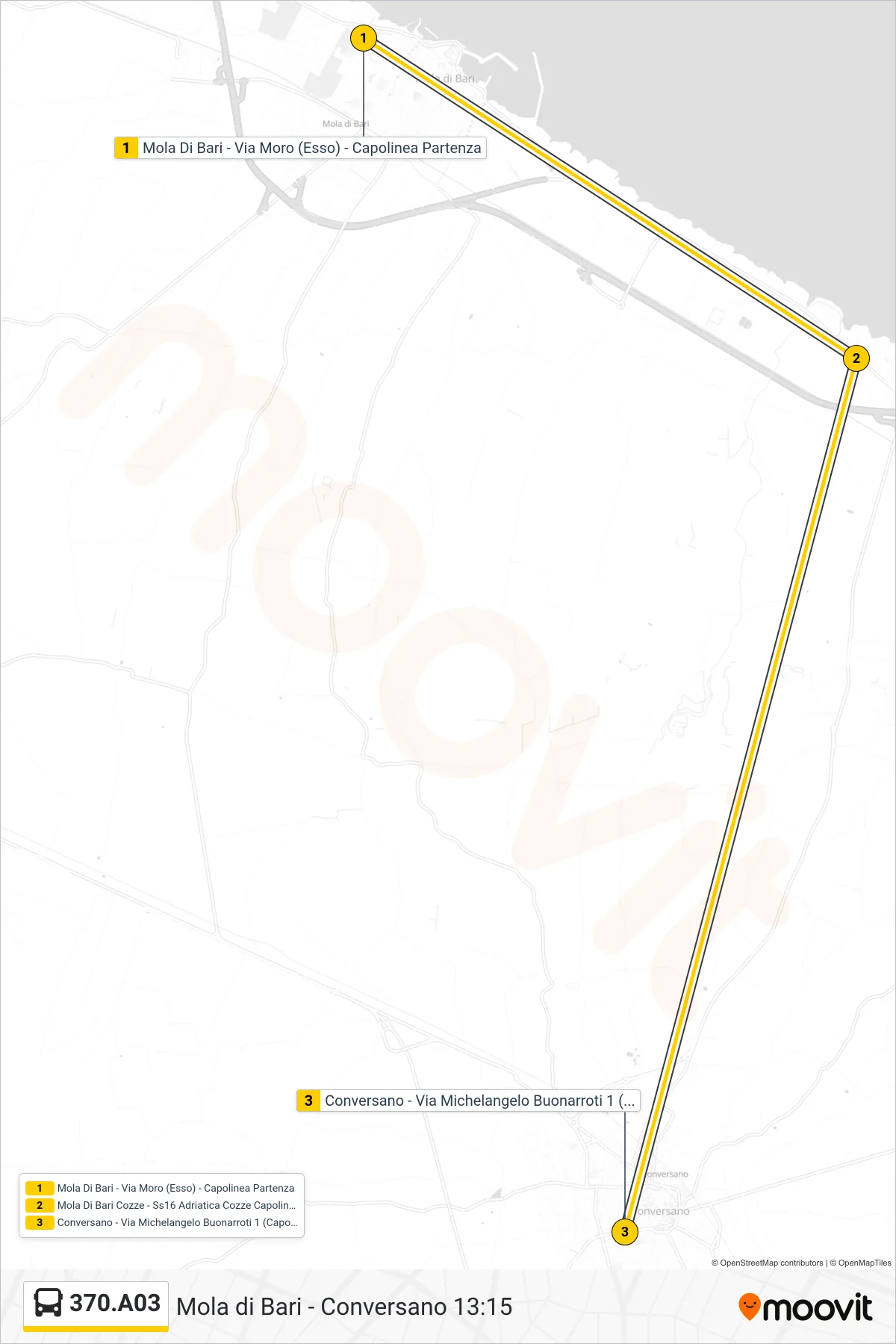 Linea 370.A03 bus (Mola Di Bari - Via Moro (Esso) - Capolinea Partenza→Conversano - Via Michelangelo Buonarroti 1 (Capolinea Ospedale)) - Percorsi e fermate sulla mappa