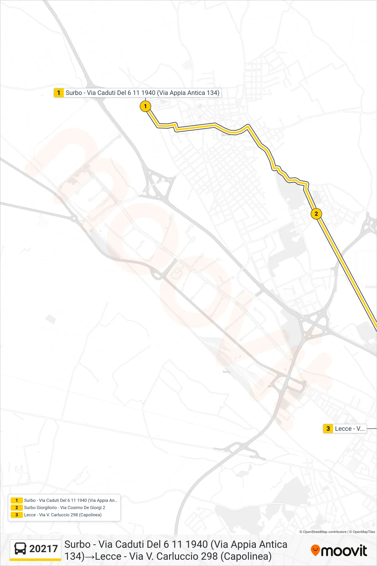 Linea 20217  bus (Surbo - Via Caduti Del 6 11 1940 (Via Appia Antica 134)‎→Lecce - Via V. Carluccio 298 (Capolinea)) - Percorsi e fermate sulla mappa
