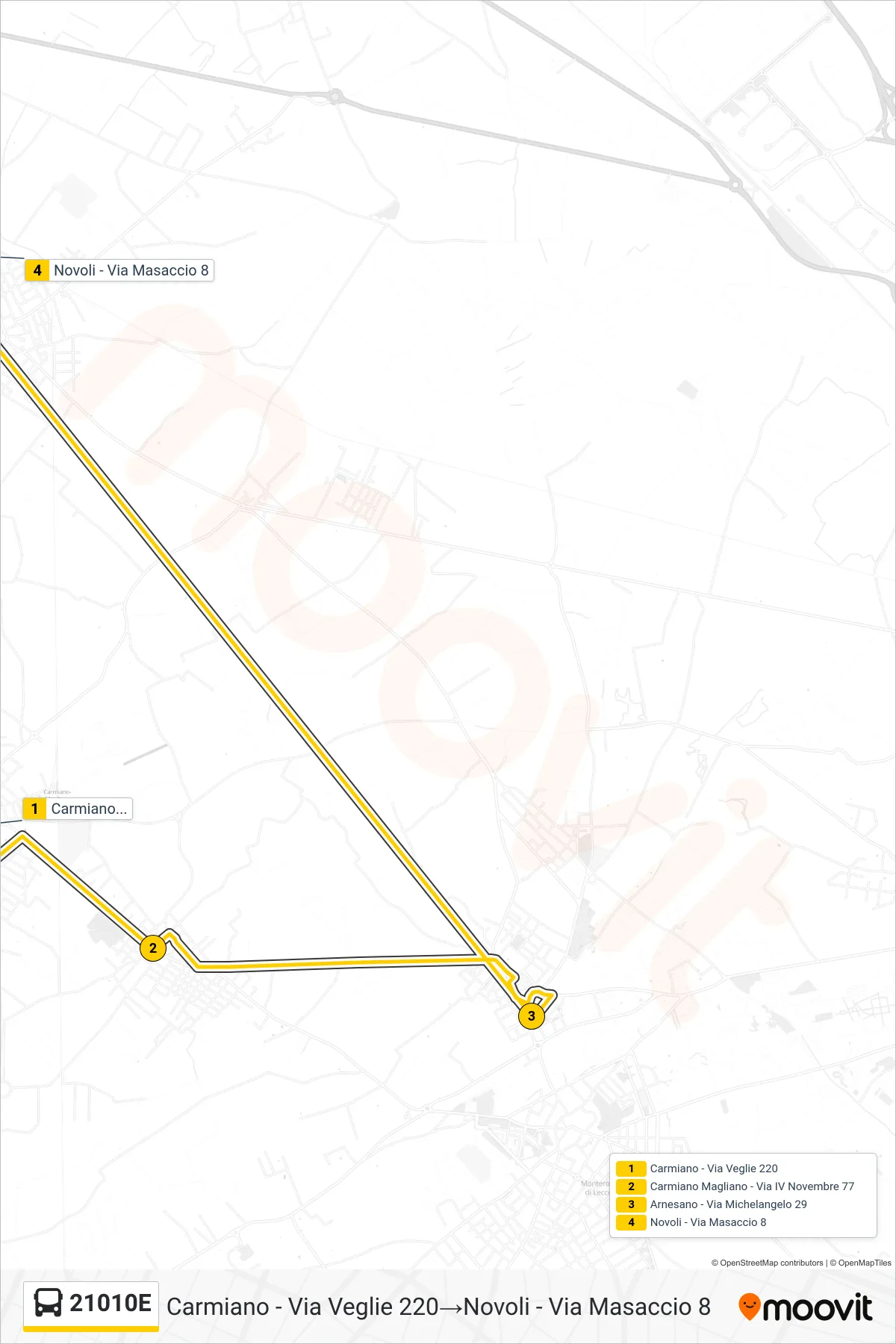 Linea 21010E bus (Carmiano - Via Veglie 220→Novoli - Via Masaccio 8) - Percorsi e fermate sulla mappa