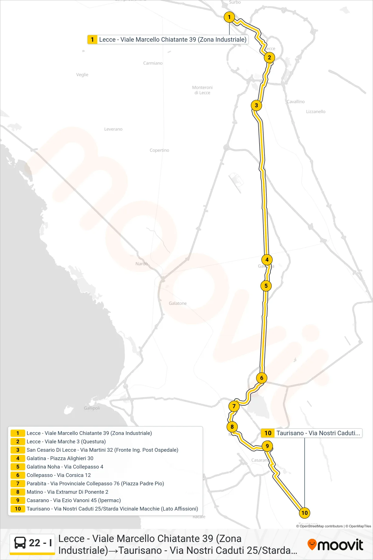 Linea 22 - I bus (Lecce - Viale Marcello Chiatante 39 (Zona Industriale)→Taurisano - Via Nostri Caduti 25/Starda Vicinale Macchie (Lato Affissioni)) - Percorsi e fermate sulla mappa