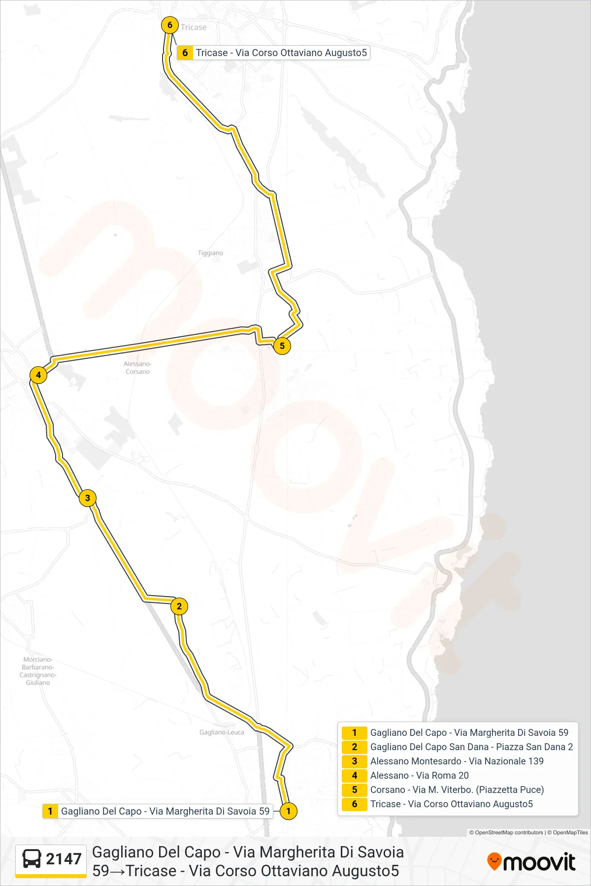 Linea 2147 bus (Gagliano Del Capo - Via Margherita Di Savoia 59→Tricase - Via Corso Ottaviano Augusto5) - Percorsi e fermate sulla mappa