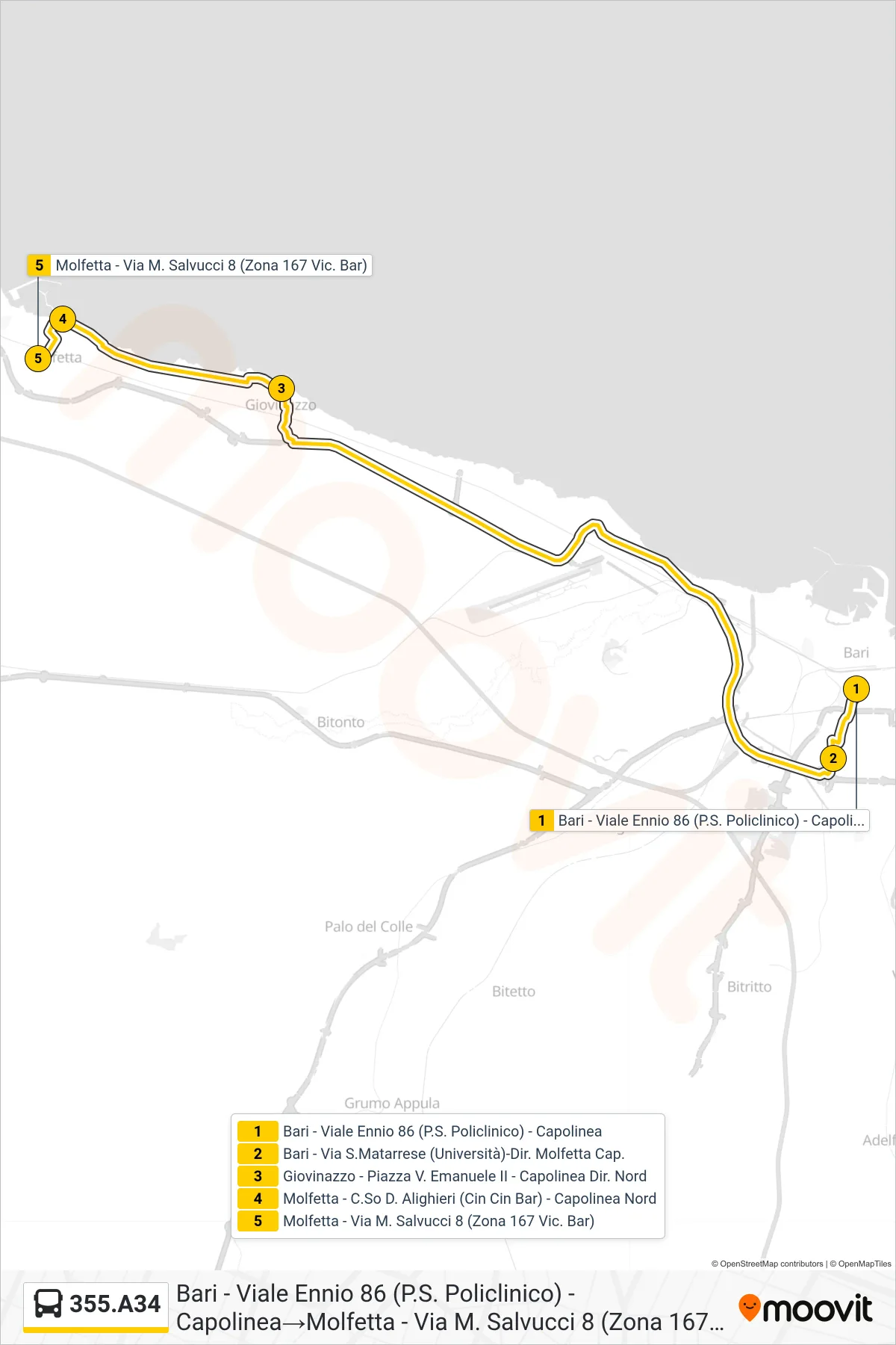 Linea 355.A34 bus (Bari - Viale Ennio 86 (P.S. Policlinico) - Capolinea→Molfetta - Via M. Salvucci 8 (Zona 167 Vic. Bar)) - Percorsi e fermate sulla mappa