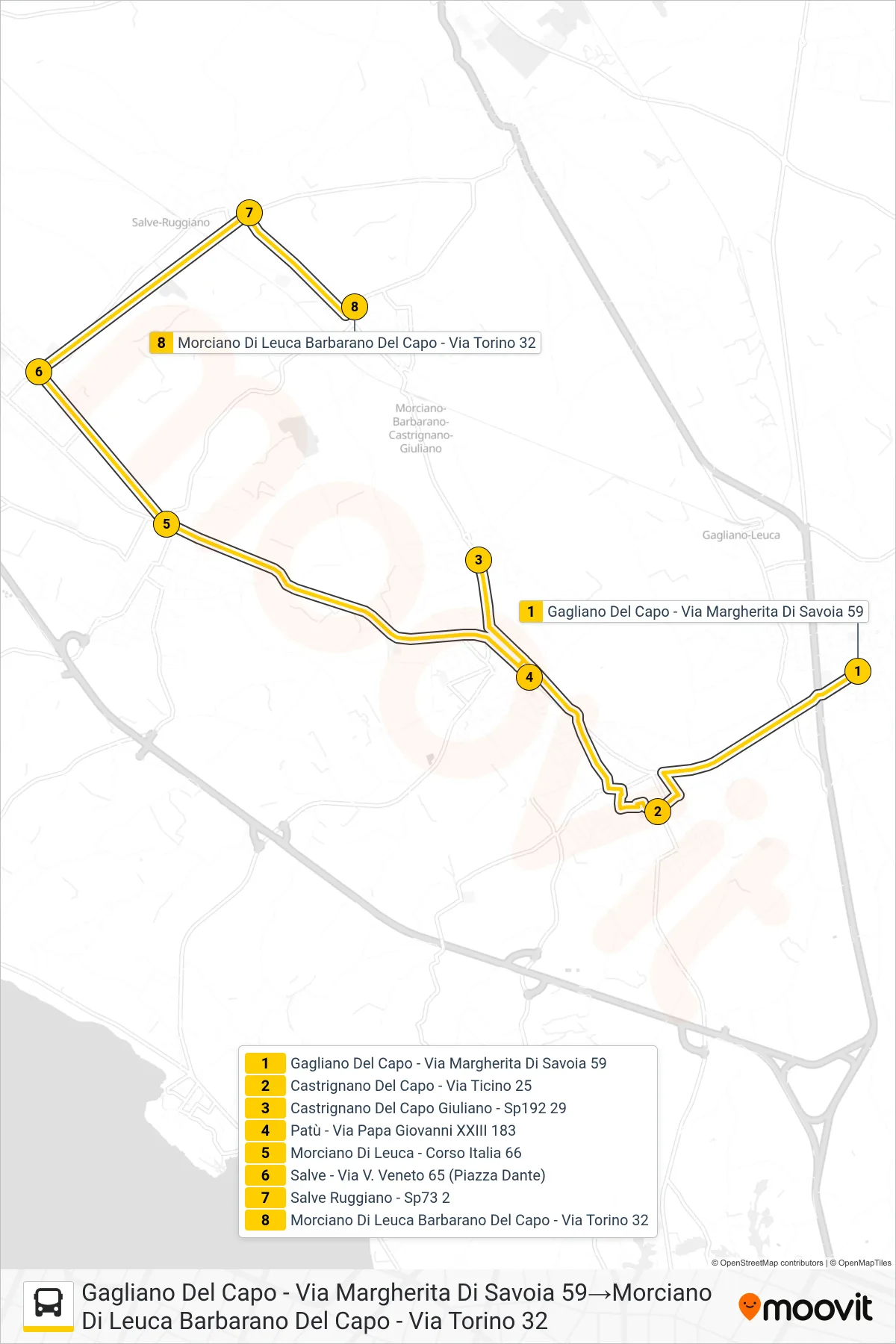 Linea 2139 - 1 bus (Gagliano Del Capo - Via Margherita Di Savoia 59→Morciano Di Leuca Barbarano Del Capo - Via Torino 32) - Percorsi e fermate sulla mappa