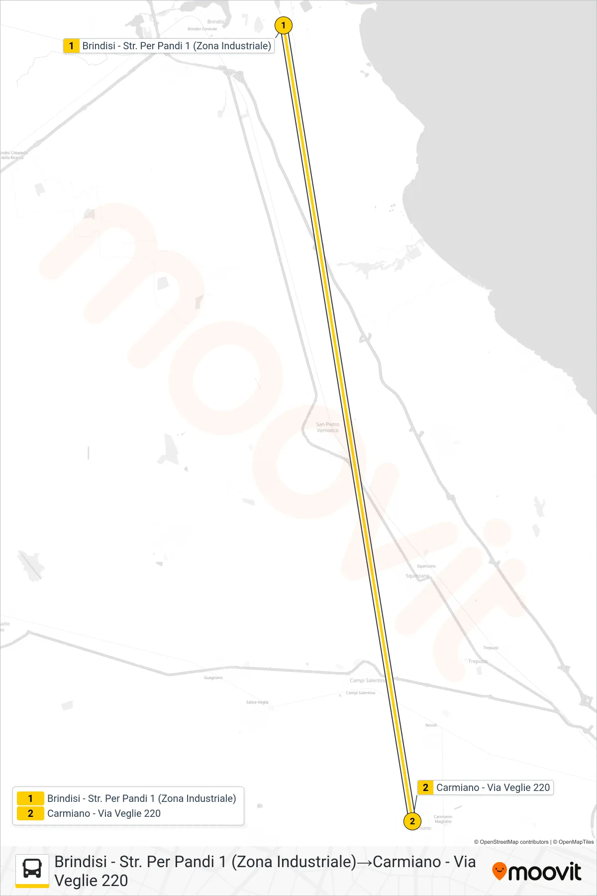 Linea 10310 - 2  bus (Brindisi - Str. Per Pandi 1 (Zona  Industriale)‎→Carmiano - Via Veglie 220) - Percorsi e fermate sulla mappa