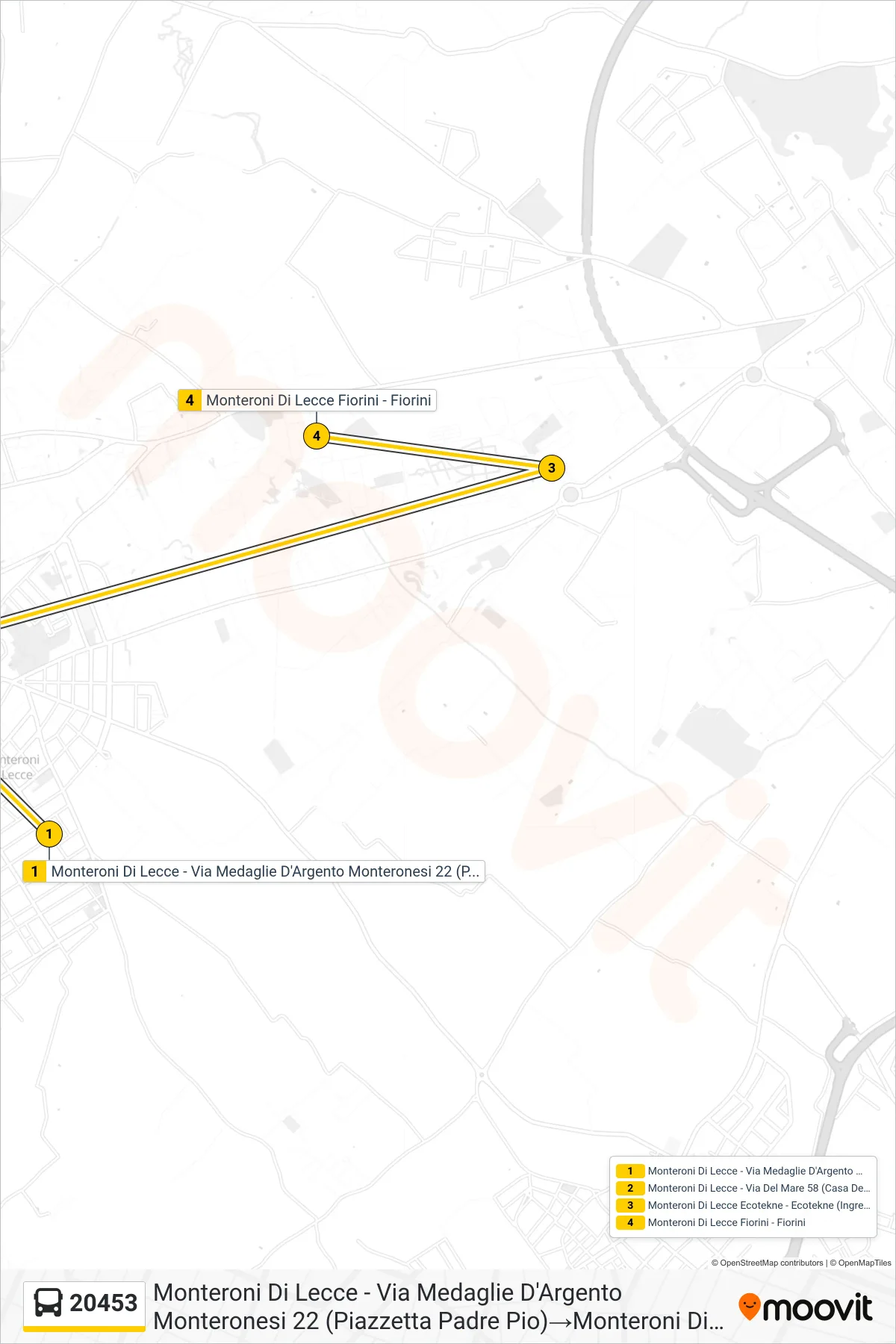 Linea 20453 bus (Monteroni Di Lecce - Via Medaglie D'Argento Monteronesi 22 (Piazzetta Padre Pio)→Monteroni Di Lecce Fiorini - Fiorini) - Percorsi e fermate sulla mappa