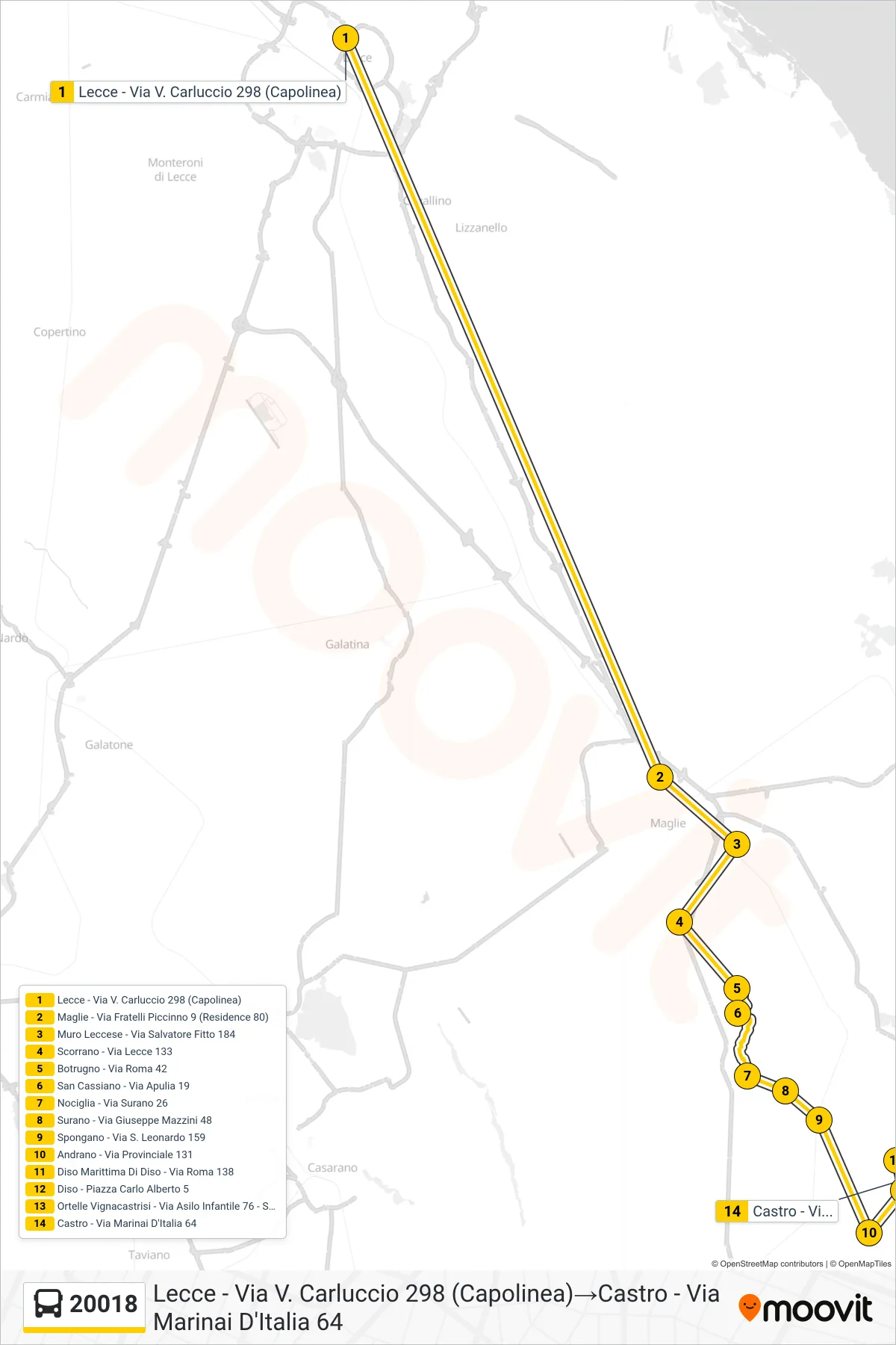 Linea 20018 bus (Lecce - Via V. Carluccio 298 (Capolinea)→Castro - Via Marinai D'Italia 64) - Percorsi e fermate sulla mappa