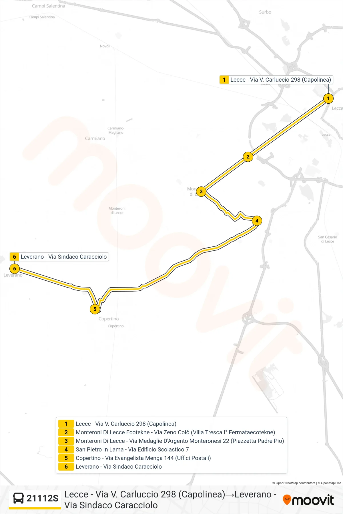 Linea 21112S bus (Lecce - Via V. Carluccio 298 (Capolinea)→Leverano - Via Sindaco Caracciolo) - Percorsi e fermate sulla mappa