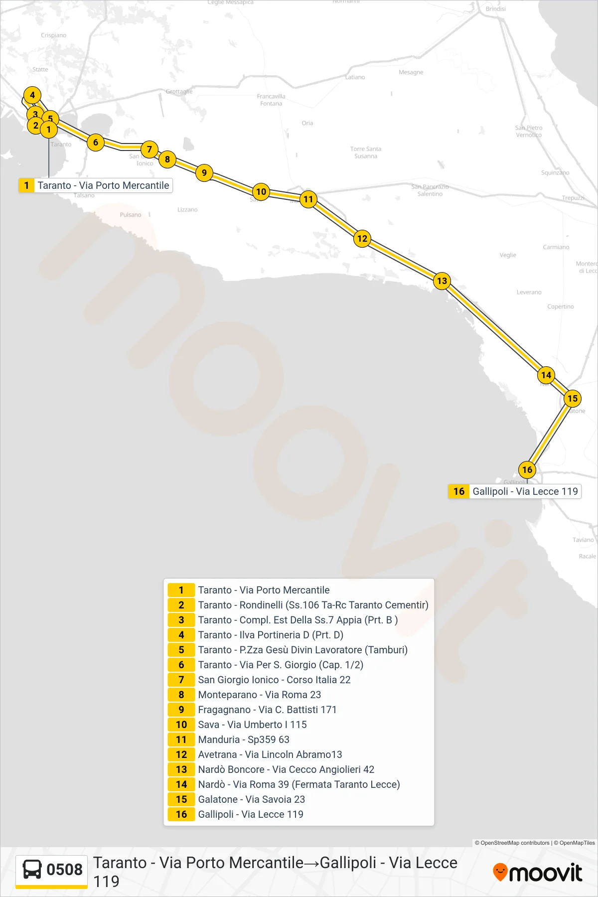 Linea 0508  bus (Taranto - Via Porto Mercantile‎→Gallipoli - Via Lecce 119) - Percorsi e fermate sulla mappa