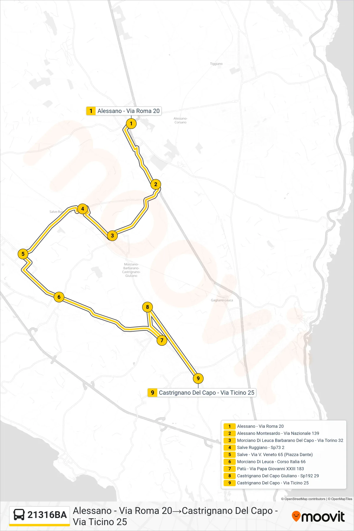 Linea 21316BA bus (Alessano - Via Roma 20→Castrignano Del Capo - Via Ticino 25) - Percorsi e fermate sulla mappa