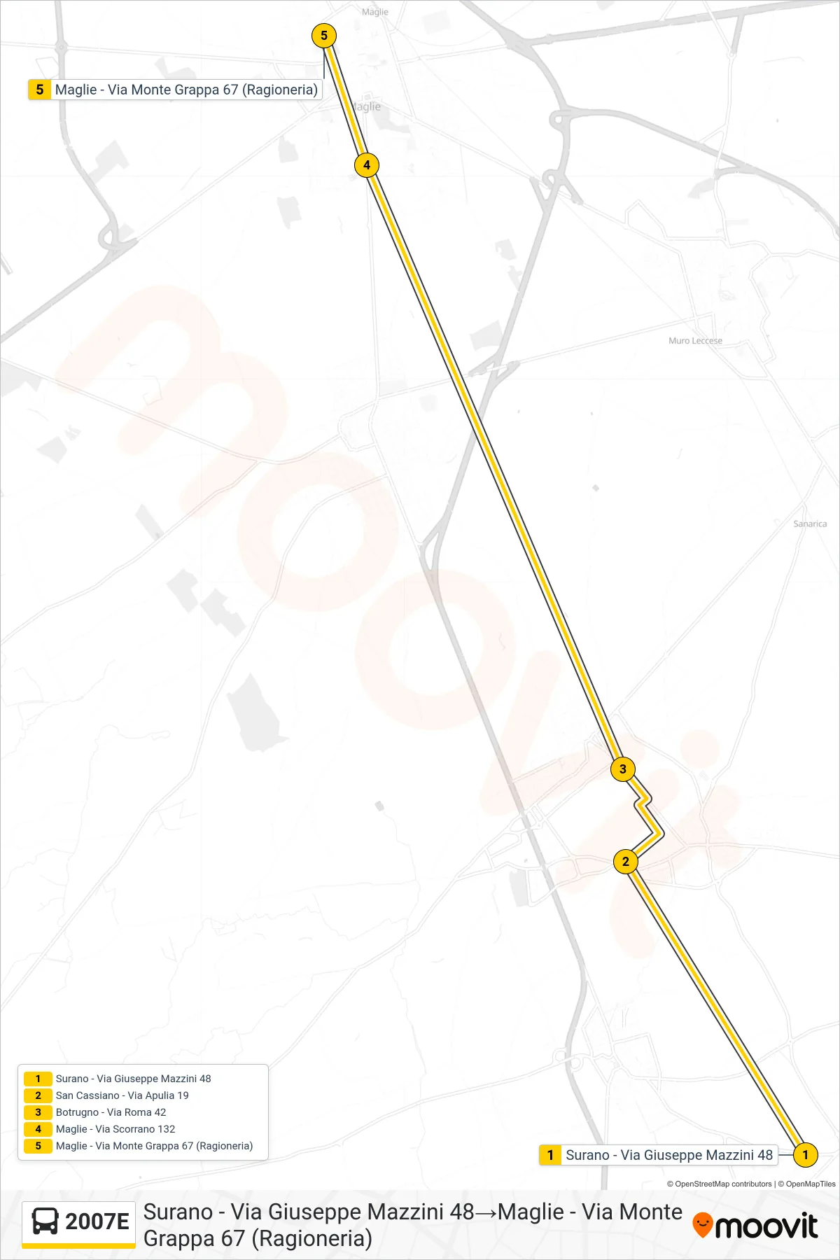 Linea 2007E  bus (Surano - Via Giuseppe Mazzini 48‎→Maglie - Via Monte Grappa 67 (Ragioneria)) - Percorsi e fermate sulla mappa