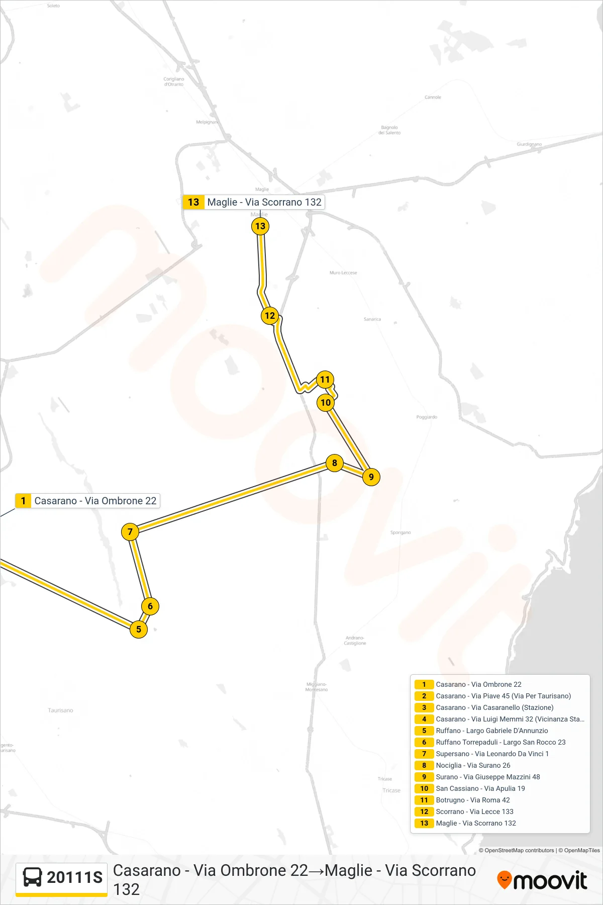 Linea 20111S bus (Casarano - Via Ombrone 22→Maglie - Via Scorrano 132) - Percorsi e fermate sulla mappa