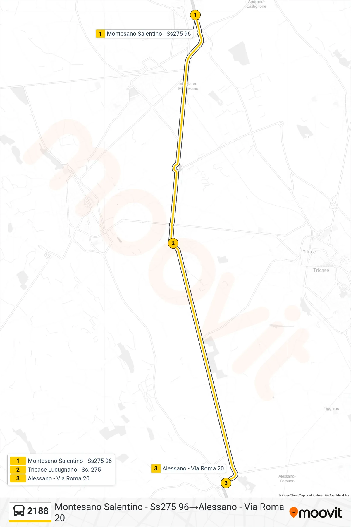 Linea 2188 bus (Montesano Salentino - Ss275 96→Alessano - Via Roma 20) - Percorsi e fermate sulla mappa