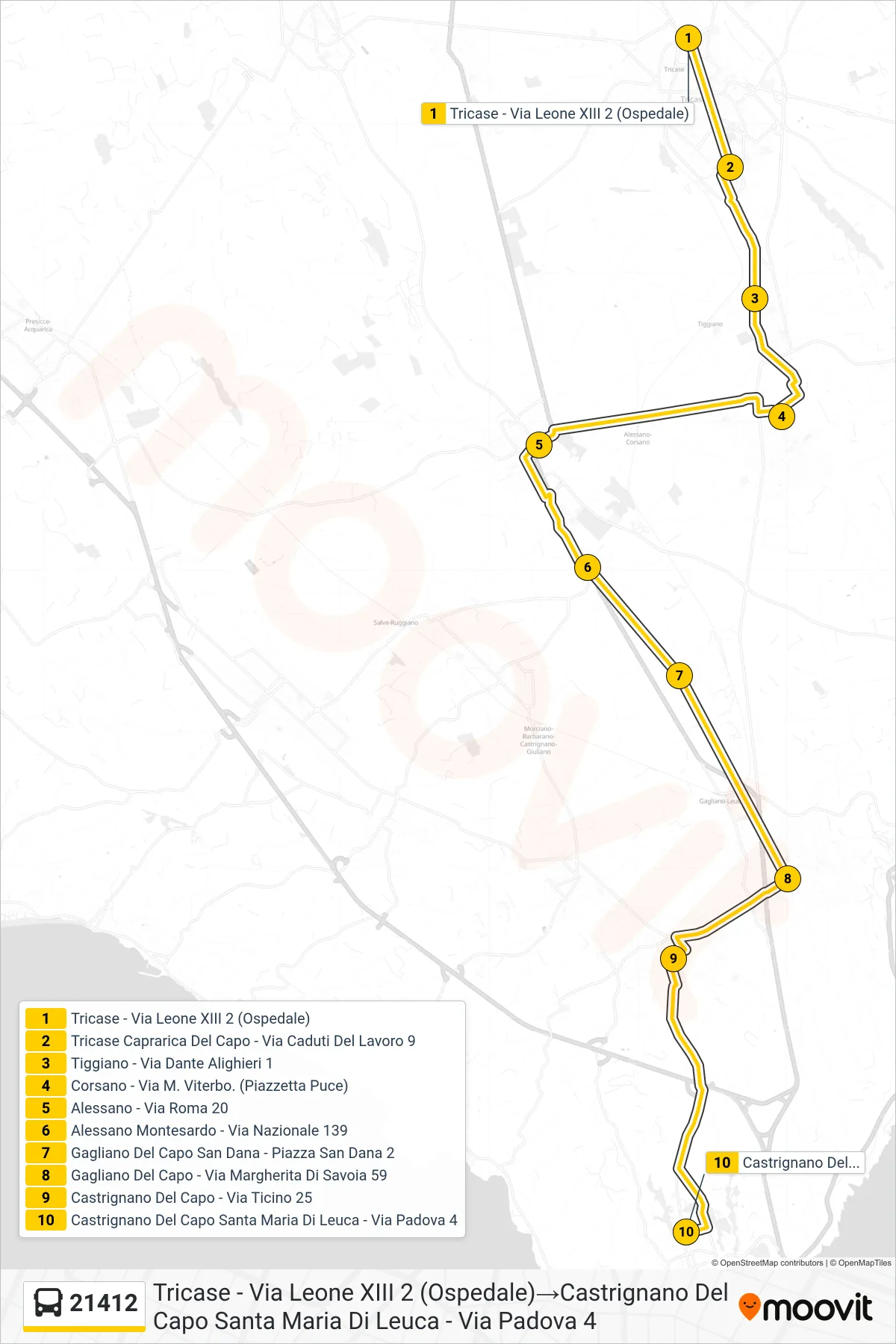 Linea 21412  bus (Tricase - Via Leone XIII 2 (Ospedale)‎→Castrignano Del Capo Santa Maria Di Leuca - Via Padova 4) - Percorsi e fermate sulla mappa