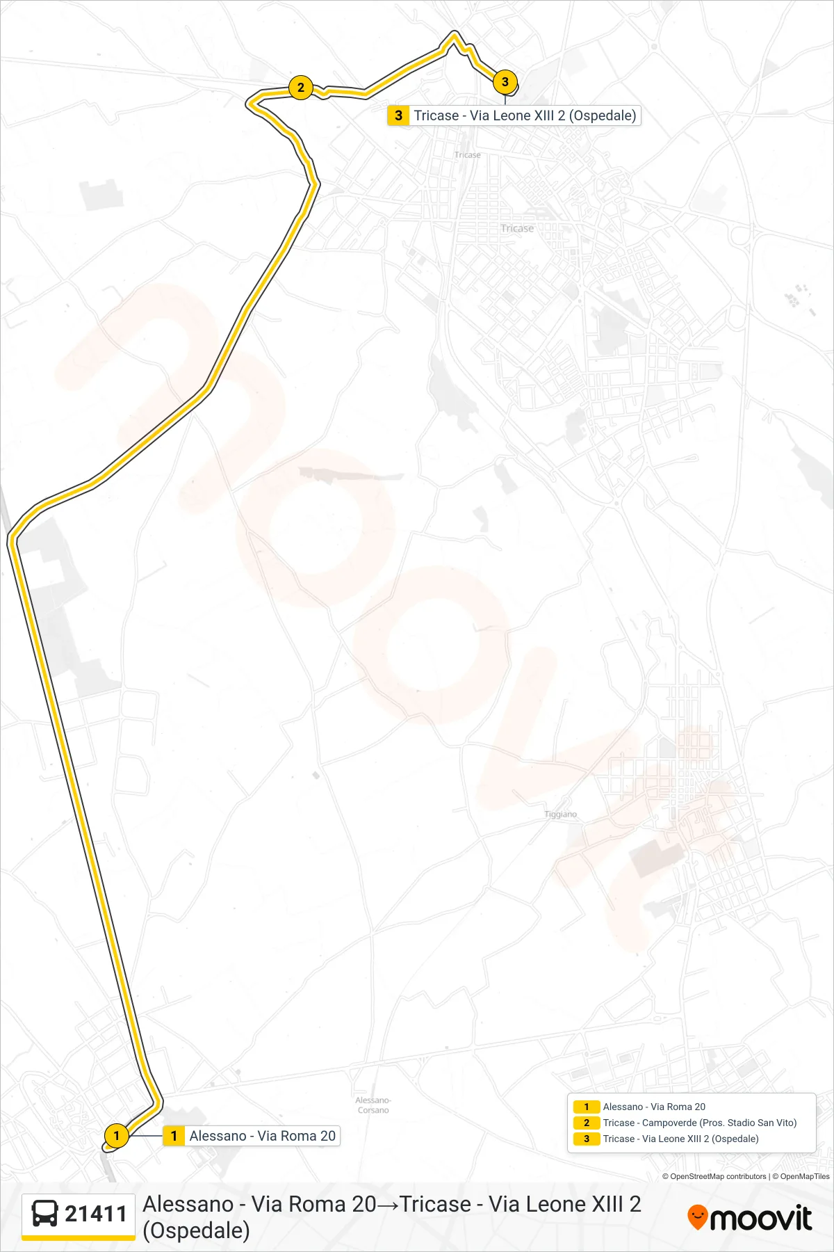 Linea 21411 bus (Alessano - Via Roma 20→Tricase - Via Leone XIII 2 (Ospedale)) - Percorsi e fermate sulla mappa