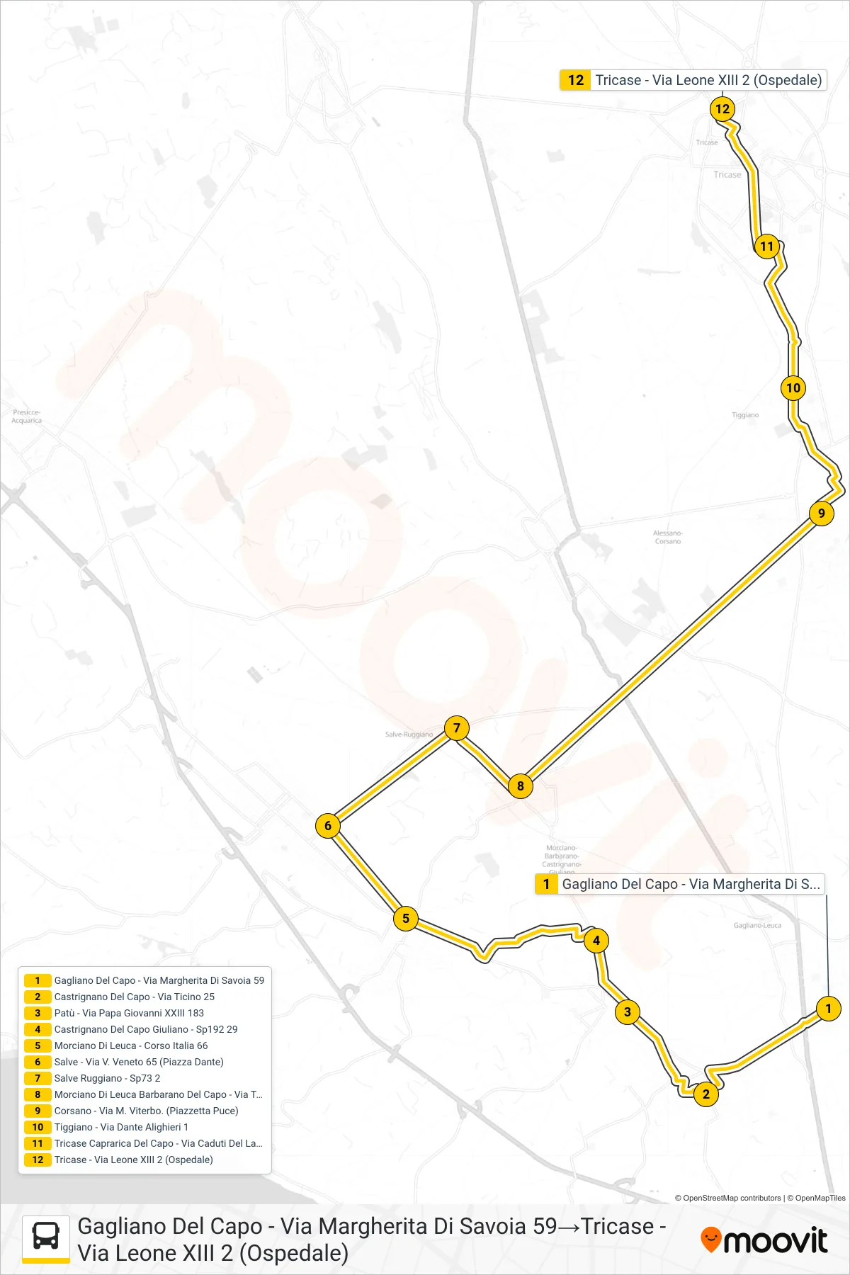 Linea 2131 - 1 bus (Gagliano Del Capo - Via Margherita Di Savoia 59→Tricase - Via Leone XIII 2 (Ospedale)) - Percorsi e fermate sulla mappa