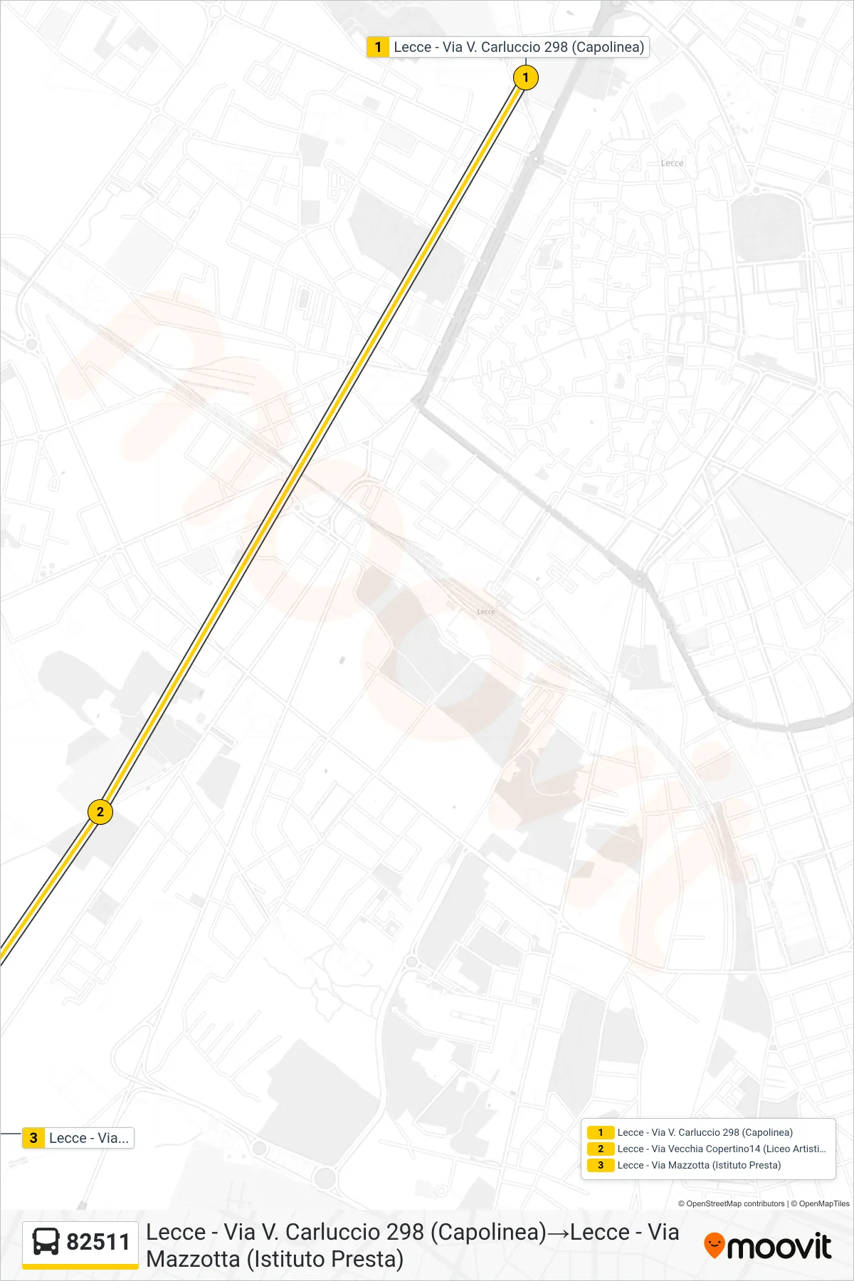 Linea 82511  bus (Lecce - Via V. Carluccio 298 (Capolinea)‎→Lecce - Via Mazzotta (Istituto Presta)) - Percorsi e fermate sulla mappa