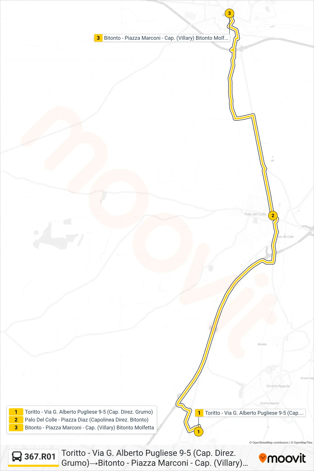 Linea 367.R01 bus (Toritto - Via G. Alberto Pugliese 9-5 (Cap. Direz. Grumo)→Bitonto - Piazza Marconi - Cap. (Villary) Bitonto Molfetta) - Percorsi e fermate sulla mappa