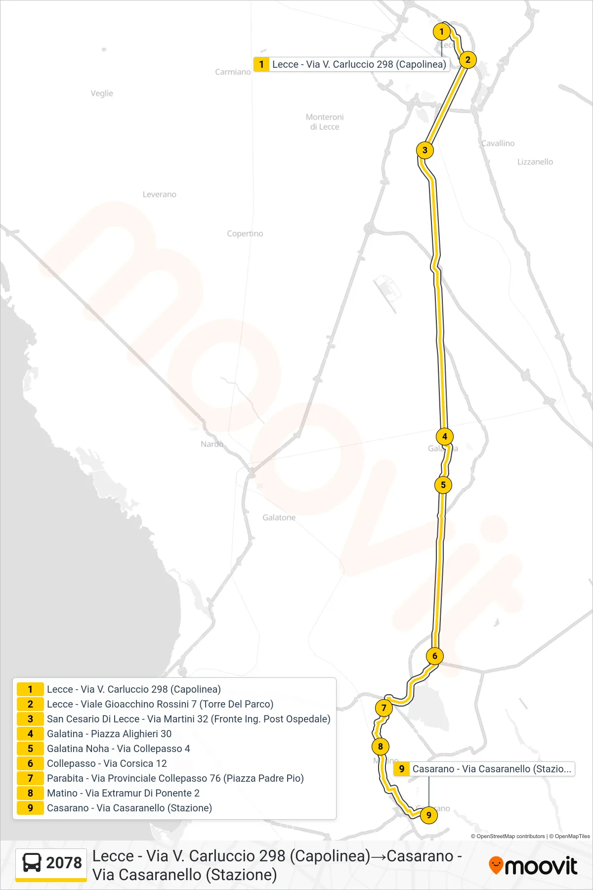 Linea 2078  bus (Lecce - Via V. Carluccio 298 (Capolinea)‎→Casarano - Via Casaranello (Stazione)) - Percorsi e fermate sulla mappa