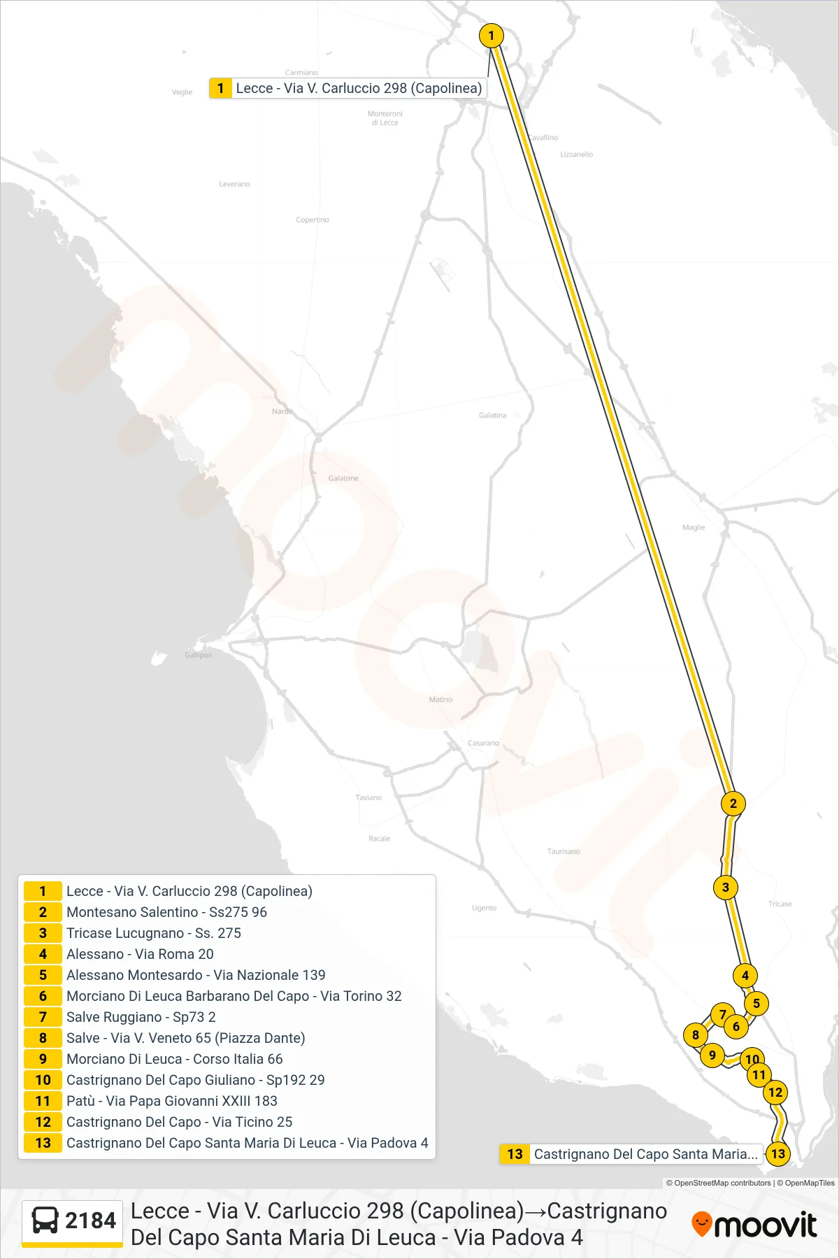 Linea 2184  bus (Lecce - Via V. Carluccio 298 (Capolinea)‎→Castrignano Del Capo Santa Maria Di Leuca - Via Padova 4) - Percorsi e fermate sulla mappa