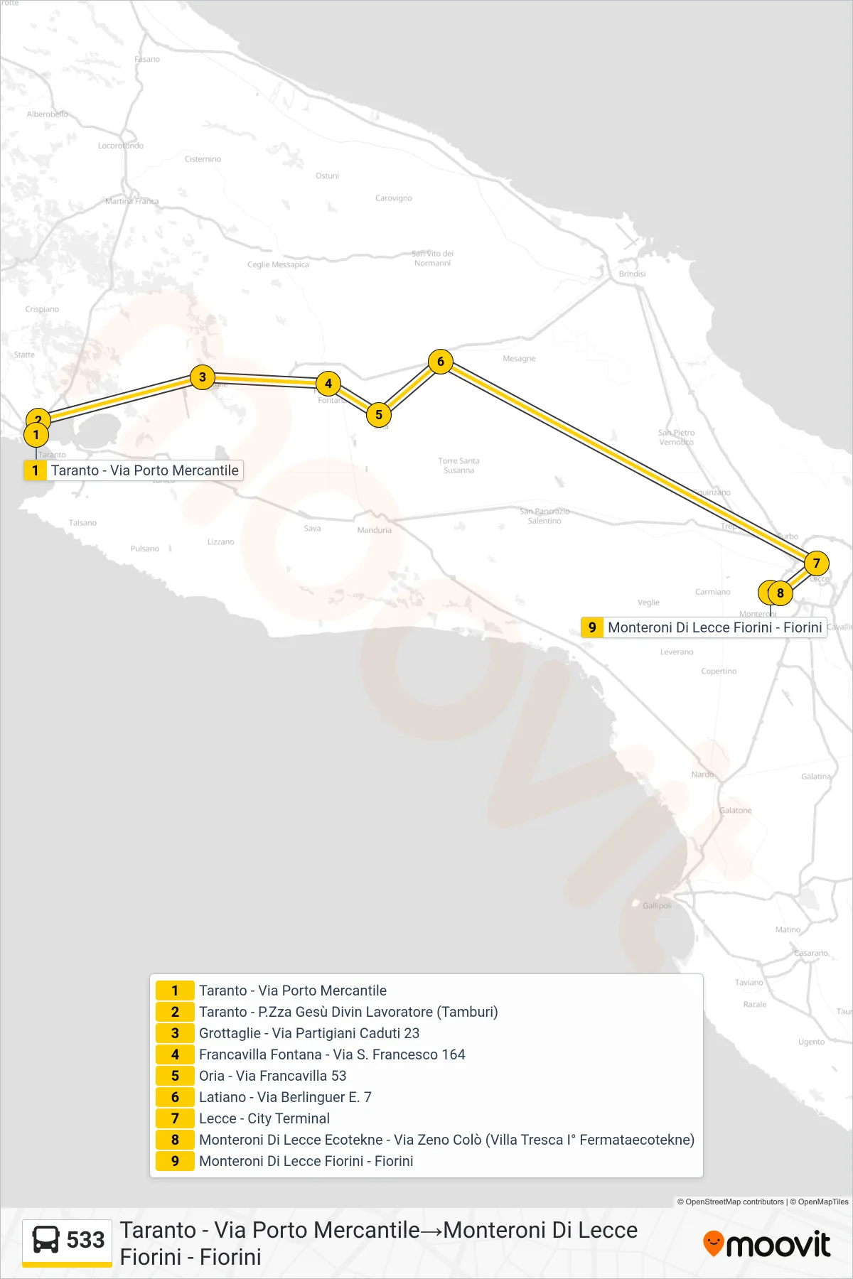 Linea 533  bus (Taranto - Via Porto Mercantile‎→Monteroni Di Lecce Fiorini - Fiorini) - Percorsi e fermate sulla mappa