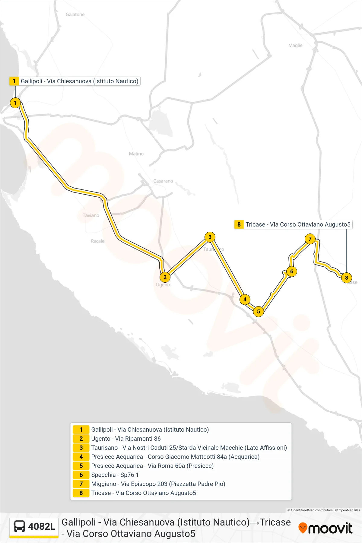 Linea 4082L bus (Gallipoli - Via Chiesanuova (Istituto Nautico)→Tricase - Via Corso Ottaviano Augusto5) - Percorsi e fermate sulla mappa