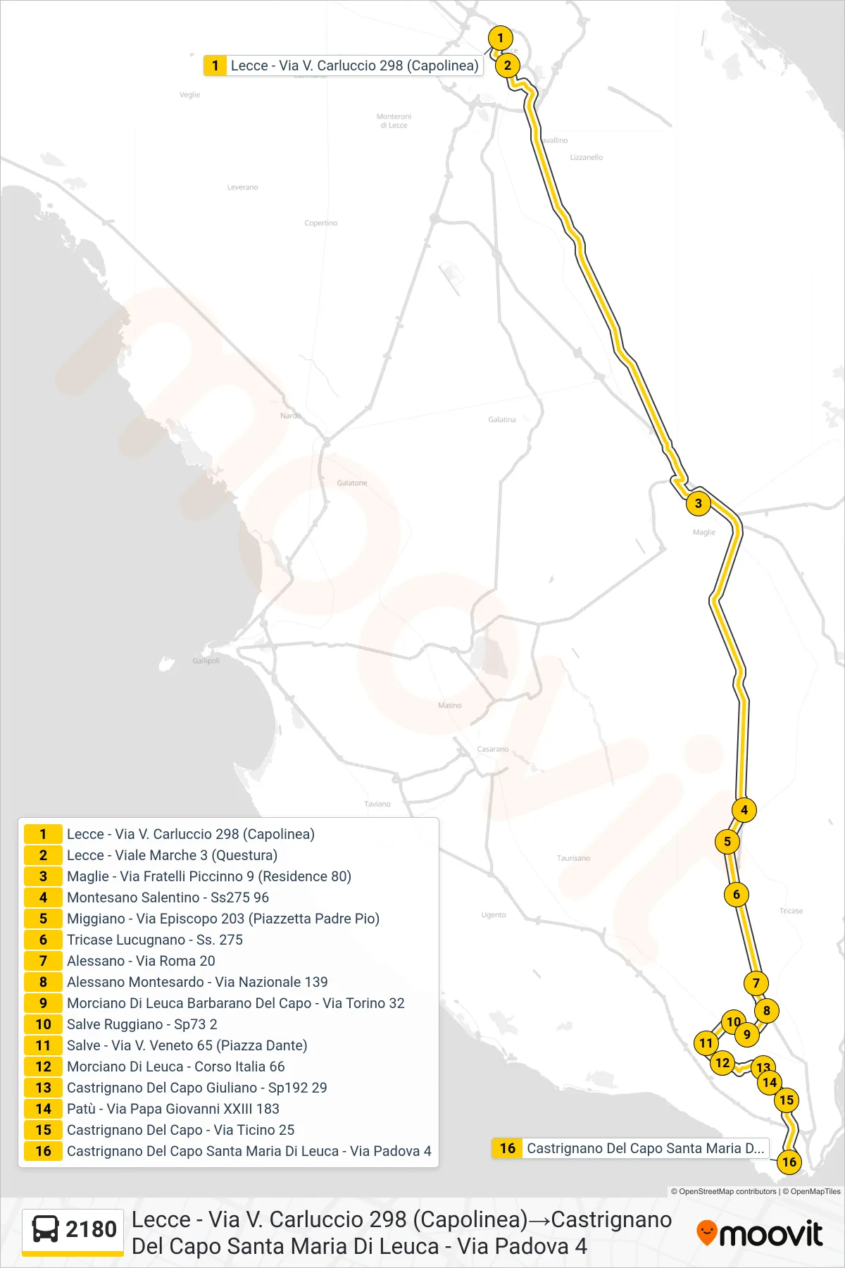Linea 2180  bus (Lecce - Via V. Carluccio 298 (Capolinea)‎→Castrignano Del Capo Santa Maria Di Leuca - Via Padova 4) - Percorsi e fermate sulla mappa
