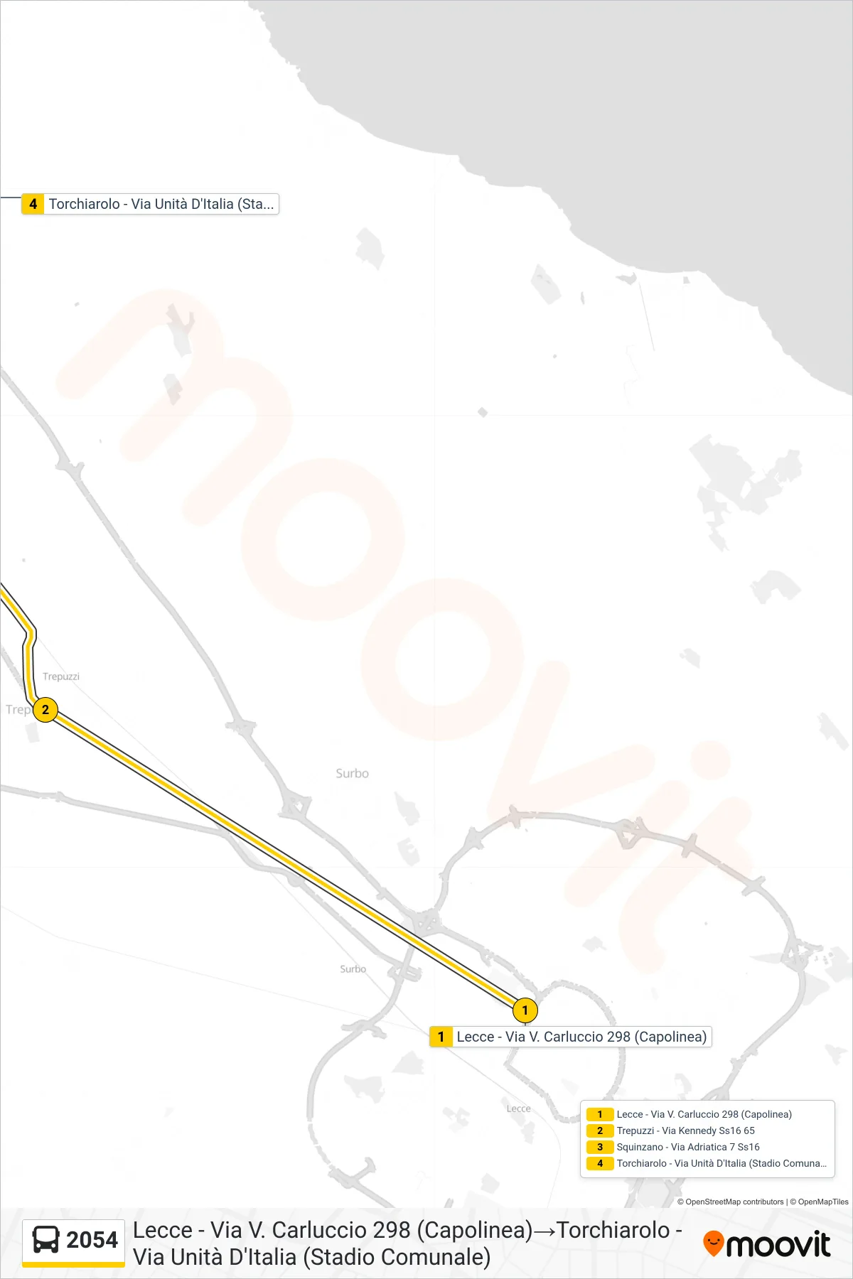 Linea 2054  bus (Lecce - Via V. Carluccio 298 (Capolinea)‎→Torchiarolo - Via Unità D'Italia (Stadio Comunale)) - Percorsi e fermate sulla mappa
