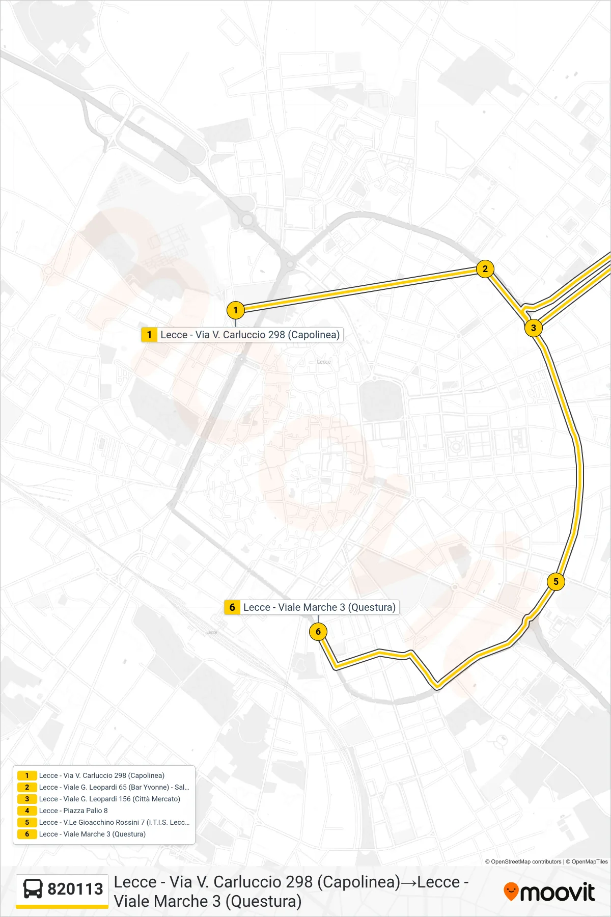 Linea 820113 bus (Lecce - Via V. Carluccio 298 (Capolinea)→Lecce - Viale Marche 3 (Questura)) - Percorsi e fermate sulla mappa