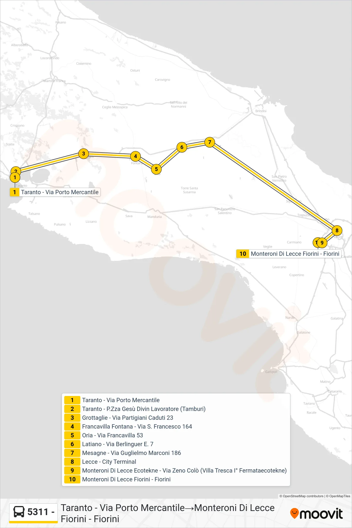 Linea 5311 -  bus (Taranto - Via Porto Mercantile‎→Monteroni Di Lecce Fiorini - Fiorini) - Percorsi e fermate sulla mappa