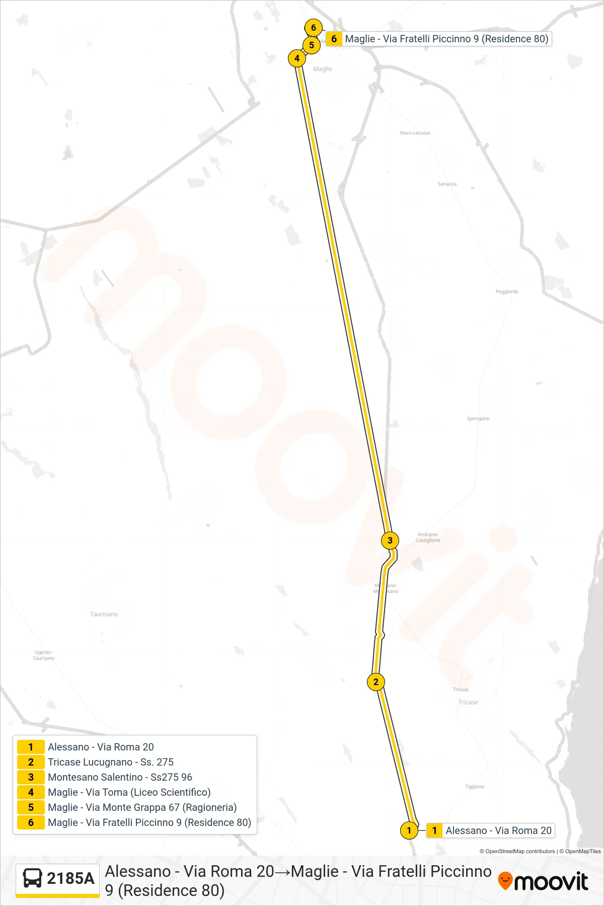 Linea 2185A  bus (Alessano - Via Roma 20‎→Maglie - Via Fratelli Piccinno 9 (Residence 80)) - Percorsi e fermate sulla mappa