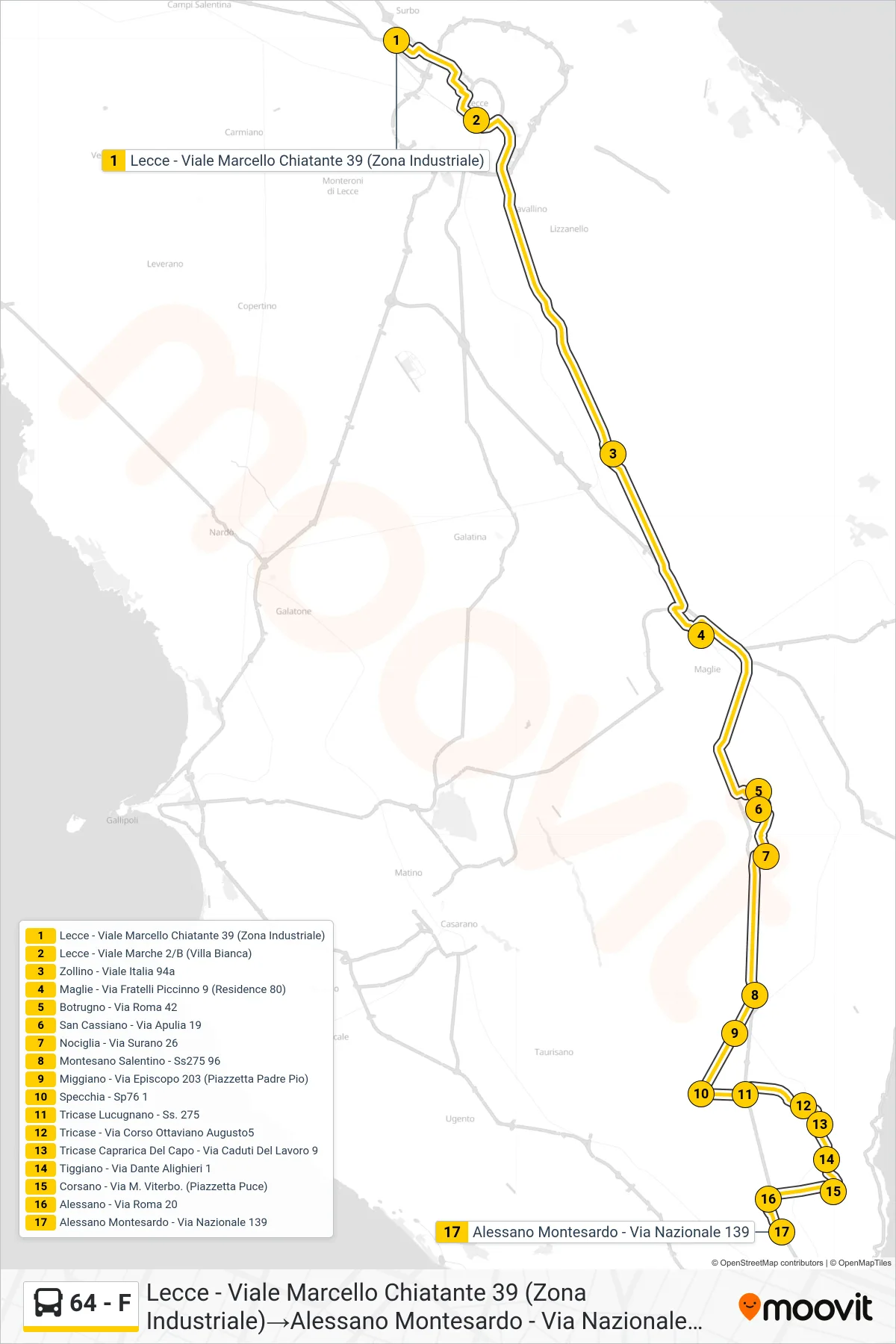 Linea 64 - F bus (Lecce - Viale Marcello Chiatante 39 (Zona Industriale)→Alessano Montesardo - Via Nazionale 139) - Percorsi e fermate sulla mappa