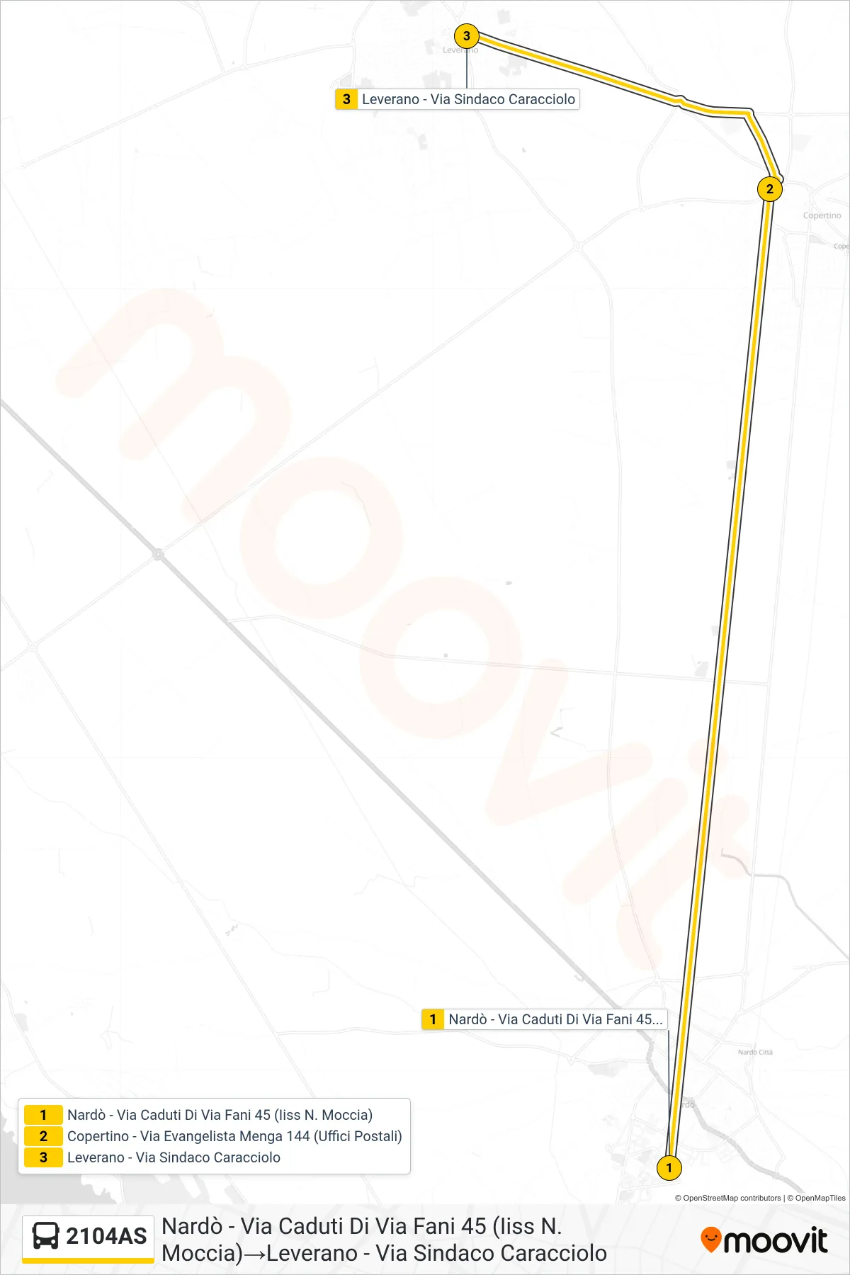 Linea 2104AS  bus (Nardò - Via Caduti Di Via Fani 45 (Iiss N. Moccia)‎→Leverano - Via Sindaco Caracciolo) - Percorsi e fermate sulla mappa