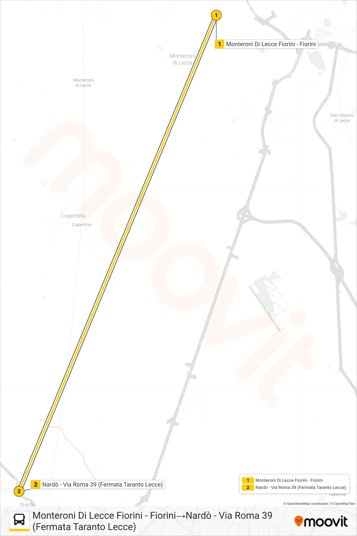 Linea 21023A -  bus (Monteroni Di Lecce Fiorini - Fiorini‎→Nardò - Via Roma 39 (Fermata Taranto Lecce)) - Percorsi e fermate sulla mappa