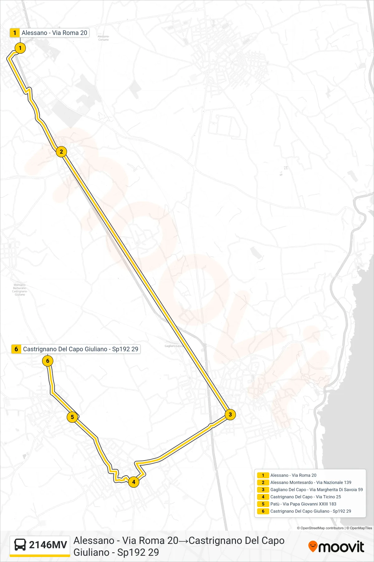 Linea 2146MV bus (Alessano - Via Roma 20→Castrignano Del Capo Giuliano - Sp192 29) - Percorsi e fermate sulla mappa