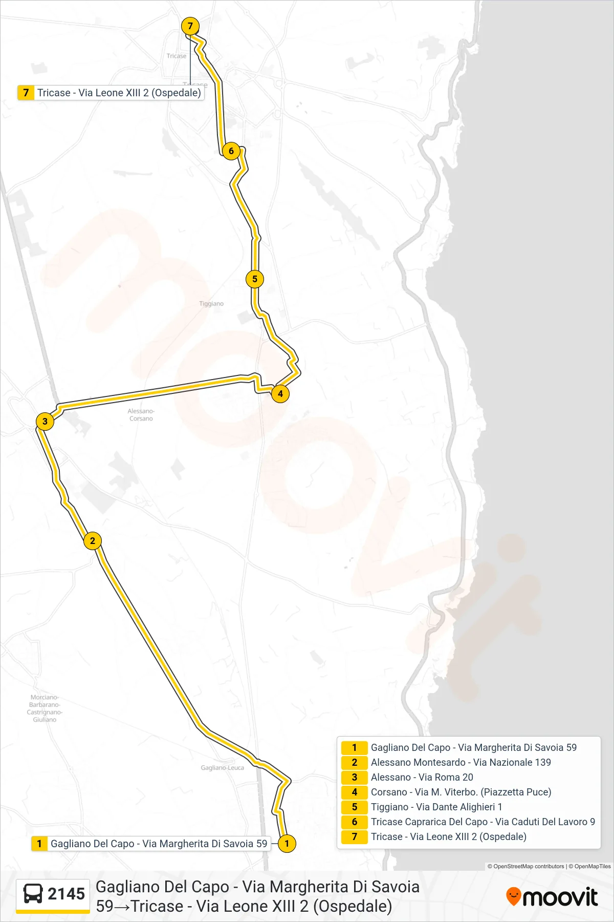 Linea 2145 bus (Gagliano Del Capo - Via Margherita Di Savoia 59→Tricase - Via Leone XIII 2 (Ospedale)) - Percorsi e fermate sulla mappa