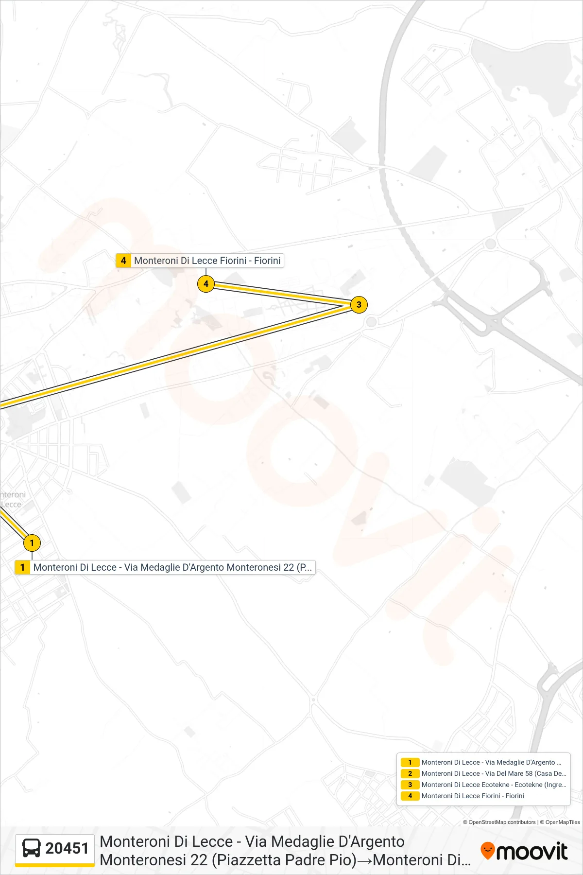 Linea 20451  bus (Monteroni Di Lecce - Via Medaglie D'Argento Monteronesi 22 (Piazzetta Padre Pio)‎→Monteroni Di Lecce Fiorini - Fiorini) - Percorsi e fermate sulla mappa