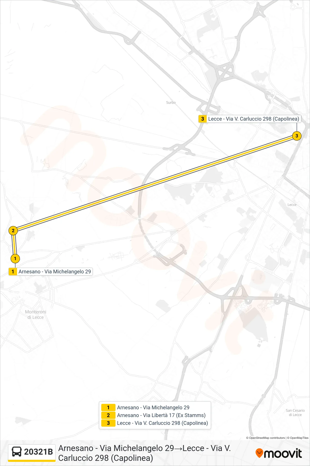 Linea 20321B  bus (Arnesano - Via Michelangelo 29‎→Lecce - Via V. Carluccio 298 (Capolinea)) - Percorsi e fermate sulla mappa