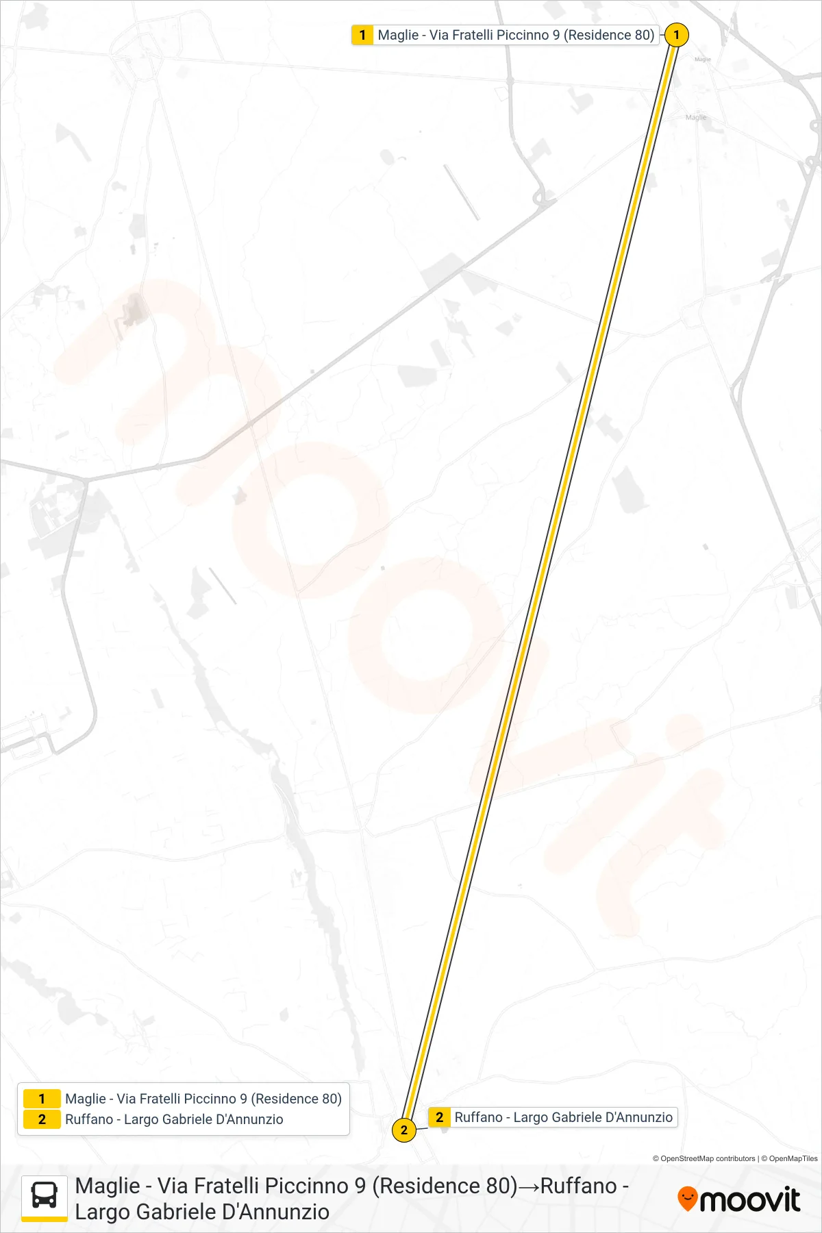 Linea 2016BB - 2 bus (Maglie - Via Fratelli Piccinno 9 (Residence 80)→Ruffano - Largo Gabriele D'Annunzio) - Percorsi e fermate sulla mappa