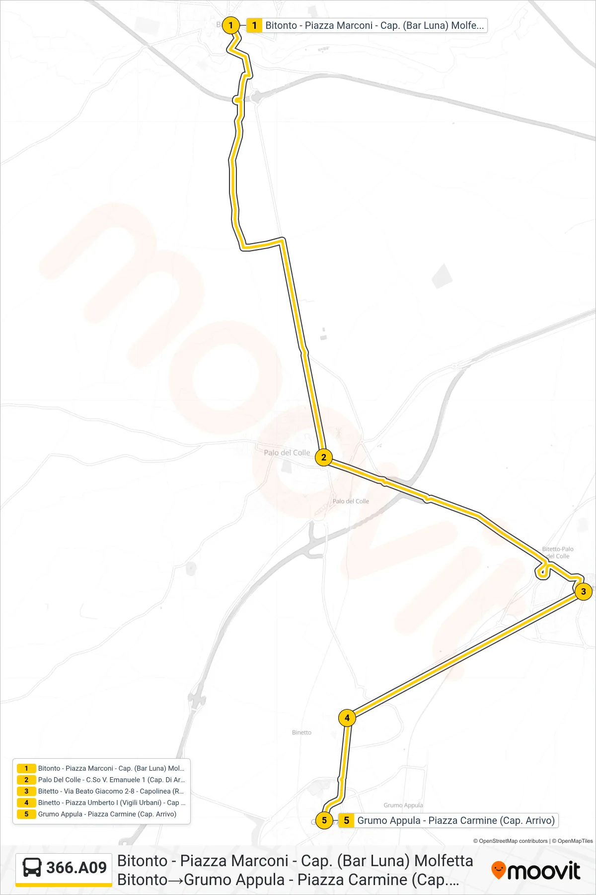 Linea 366.A09 bus (Bitonto - Piazza Marconi - Cap. (Bar Luna) Molfetta Bitonto→Grumo Appula - Piazza Carmine (Cap. Arrivo)) - Percorsi e fermate sulla mappa