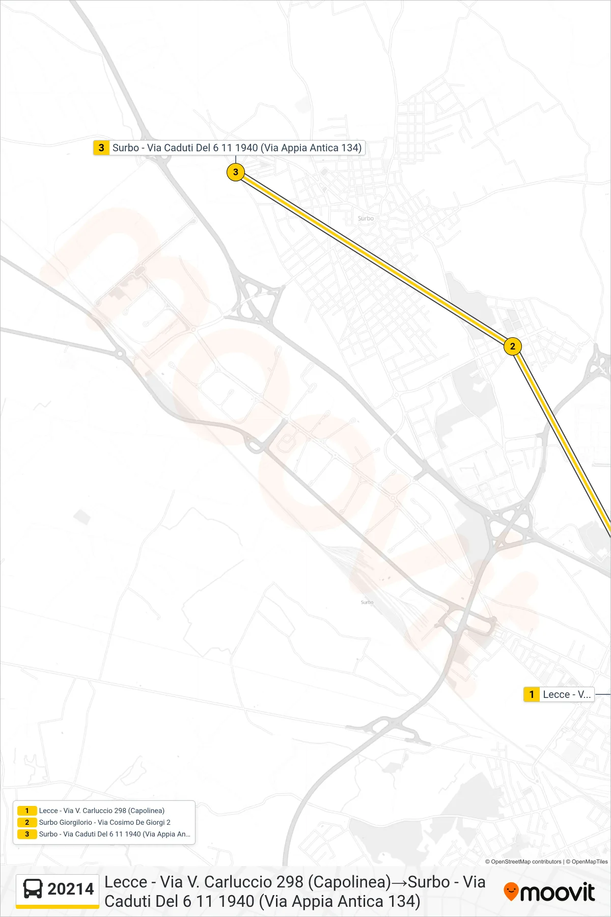 Linea 20214 bus (Lecce - Via V. Carluccio 298 (Capolinea)→Surbo - Via Caduti Del 6 11 1940 (Via Appia Antica 134)) - Percorsi e fermate sulla mappa