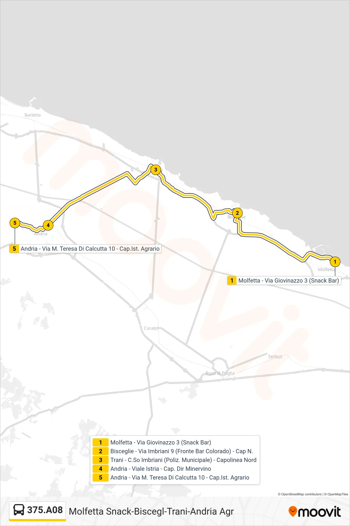 Linea 375.A08 bus (Molfetta - Via Giovinazzo 3 (Snack Bar)→Andria - Via M. Teresa Di Calcutta 10 - Cap.Ist. Agrario) - Percorsi e fermate sulla mappa