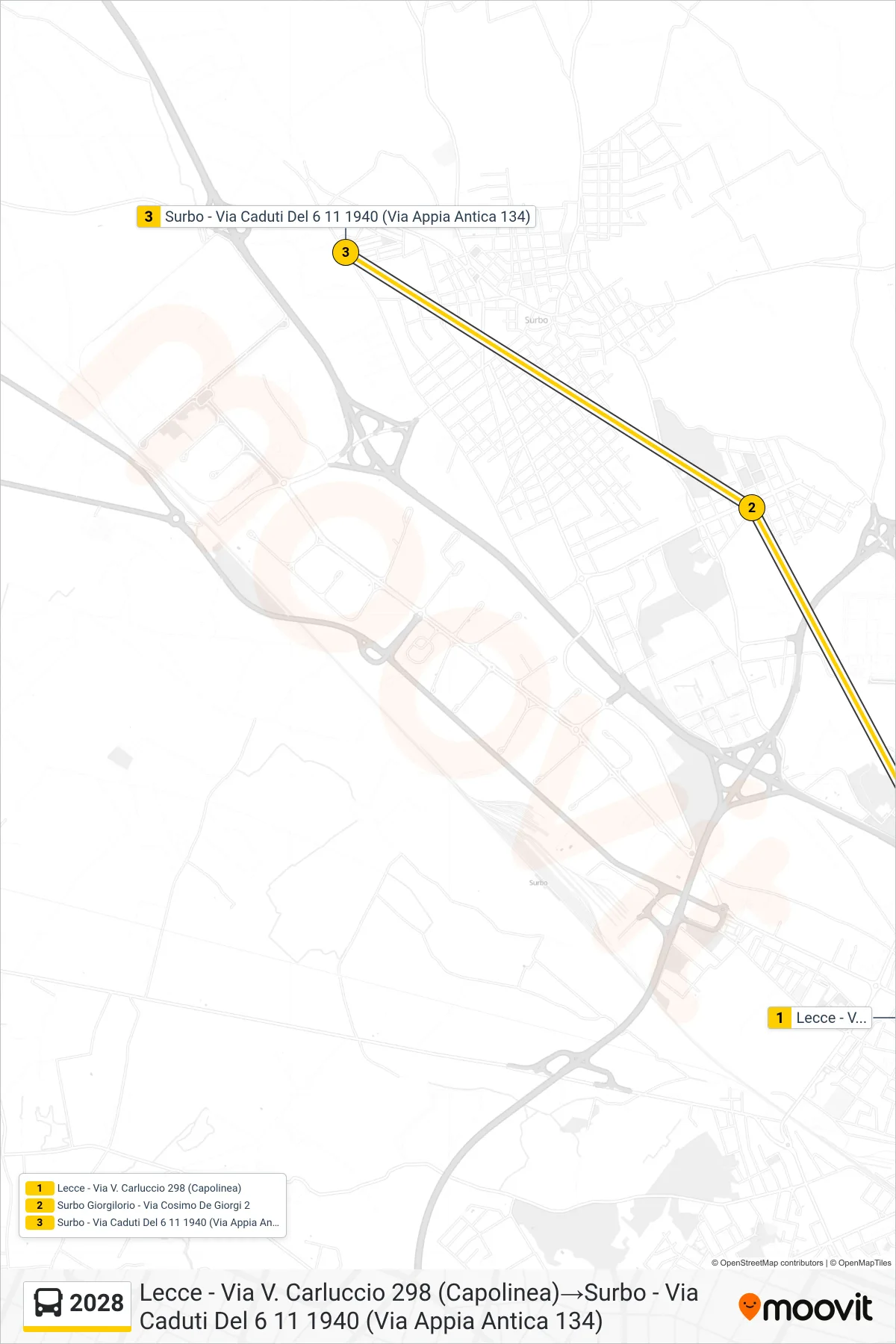 Linea 2028  bus (Lecce - Via V. Carluccio 298 (Capolinea)‎→Surbo - Via Caduti Del 6 11 1940 (Via Appia Antica 134)) - Percorsi e fermate sulla mappa