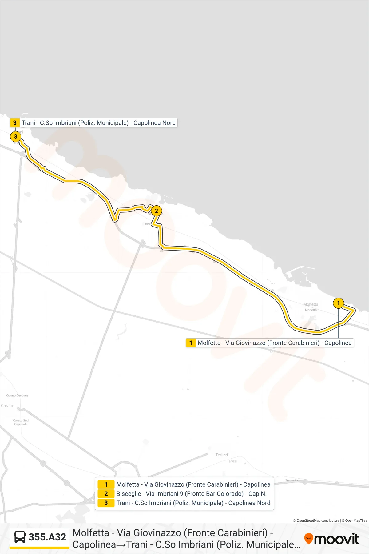 Linea 355.A32  bus (Molfetta - Via Giovinazzo (Fronte Carabinieri) - Capolinea‎→Trani - C.So Imbriani (Poliz. Municipale) - Capolinea Nord) - Percorsi e fermate sulla mappa
