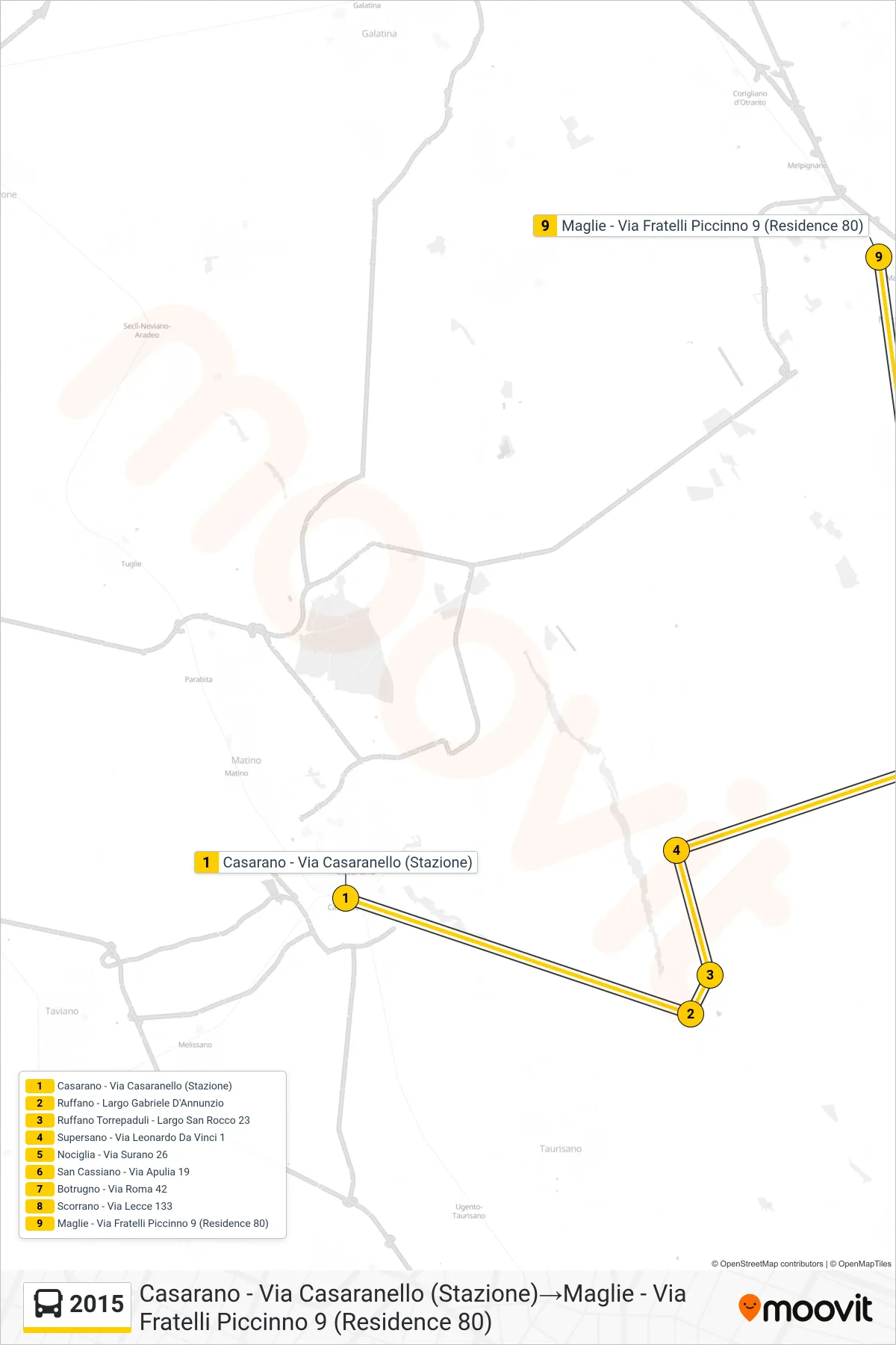 Linea 2015 bus (Casarano - Via Casaranello (Stazione)→Maglie - Via Fratelli Piccinno 9 (Residence 80)) - Percorsi e fermate sulla mappa