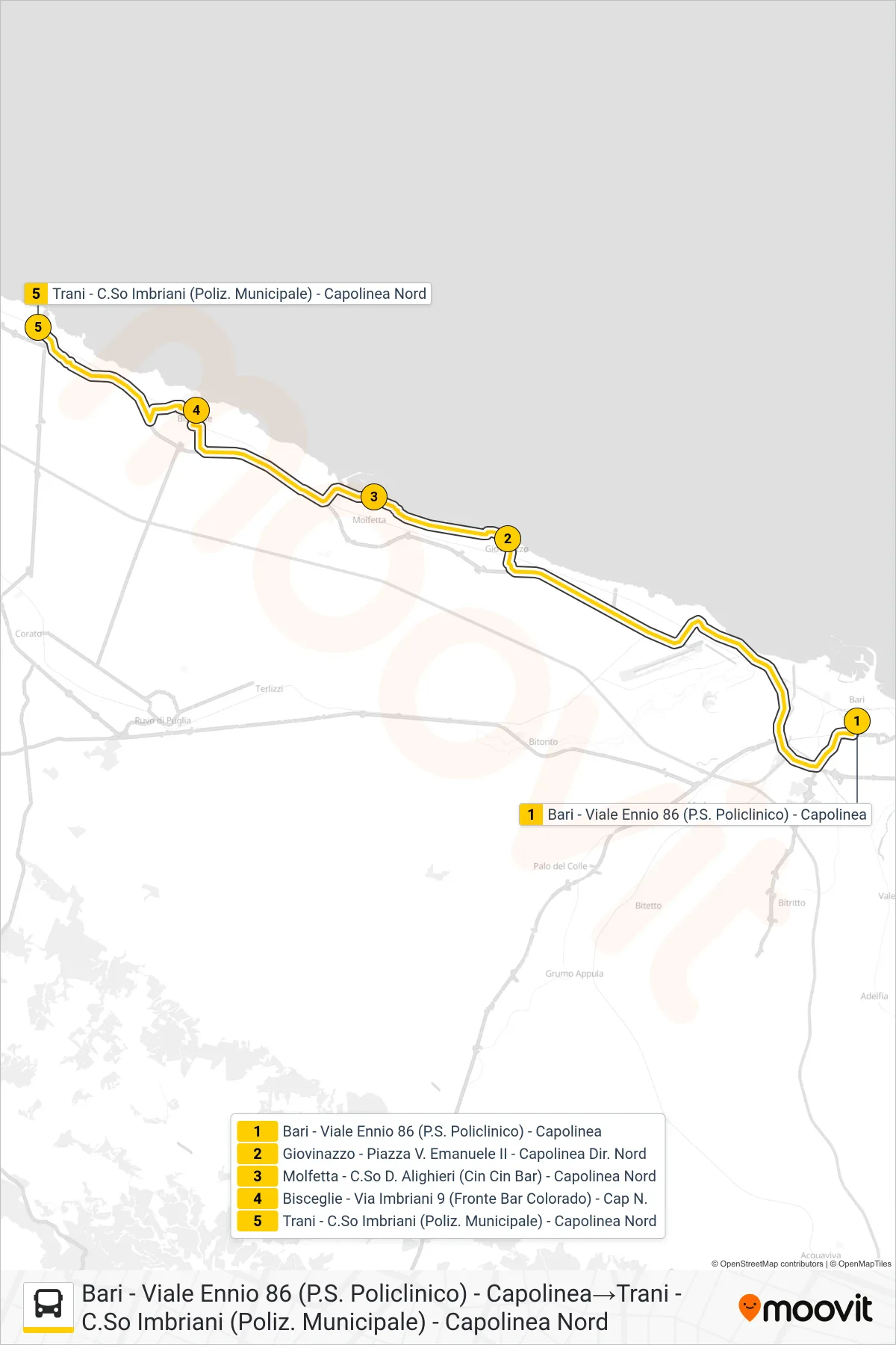 Linea 355.NSA05 bus (Bari - Viale Ennio 86 (P.S. Policlinico) - Capolinea→Trani - C.So Imbriani (Poliz. Municipale) - Capolinea Nord) - Percorsi e fermate sulla mappa